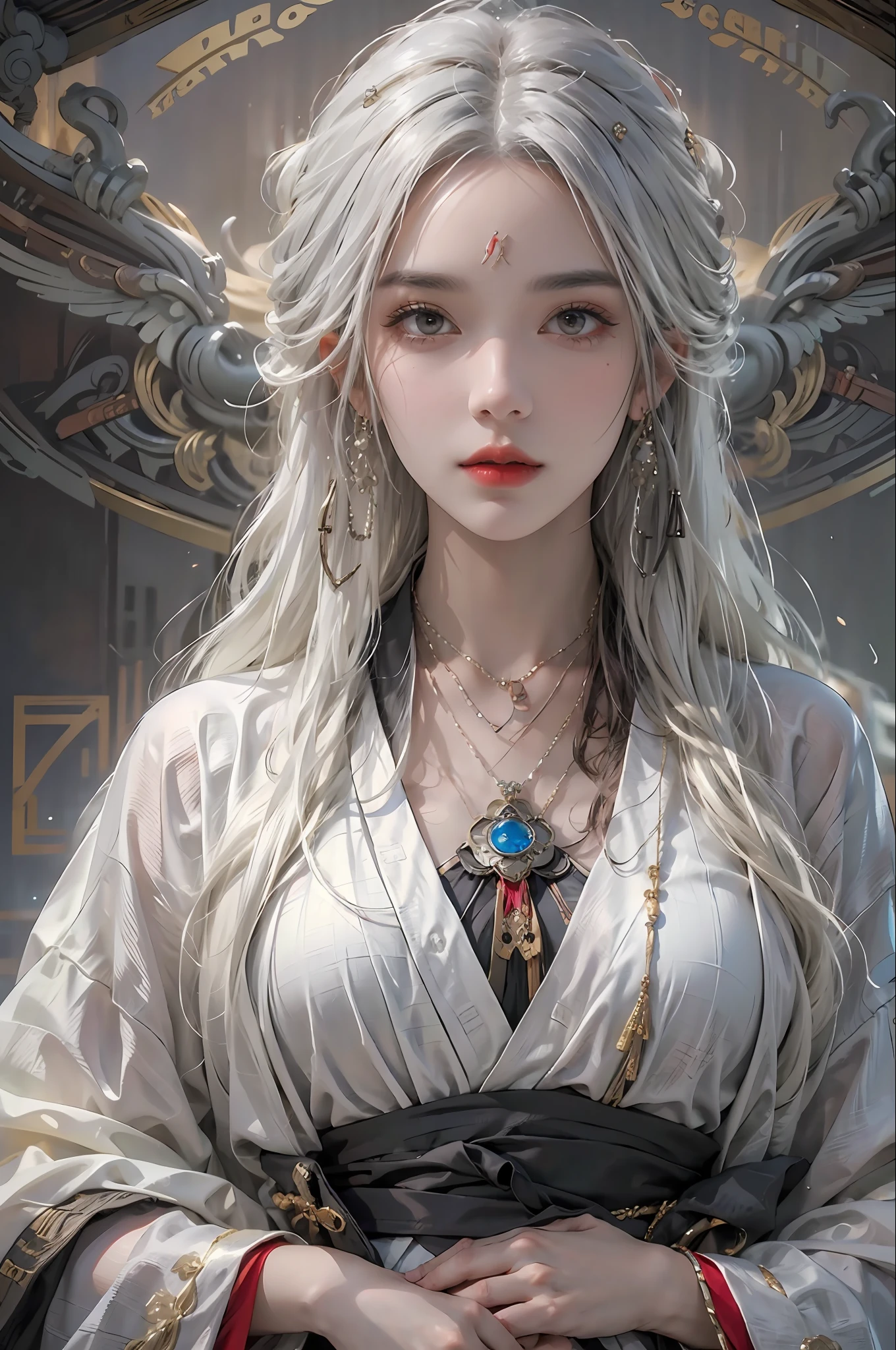 photorealistic, high resolution, 1women, solo, hips up, look at viewer, (detailed face), white hair, long hair, Taoist robe,oversized clothes, jewelry, midjourney portrait