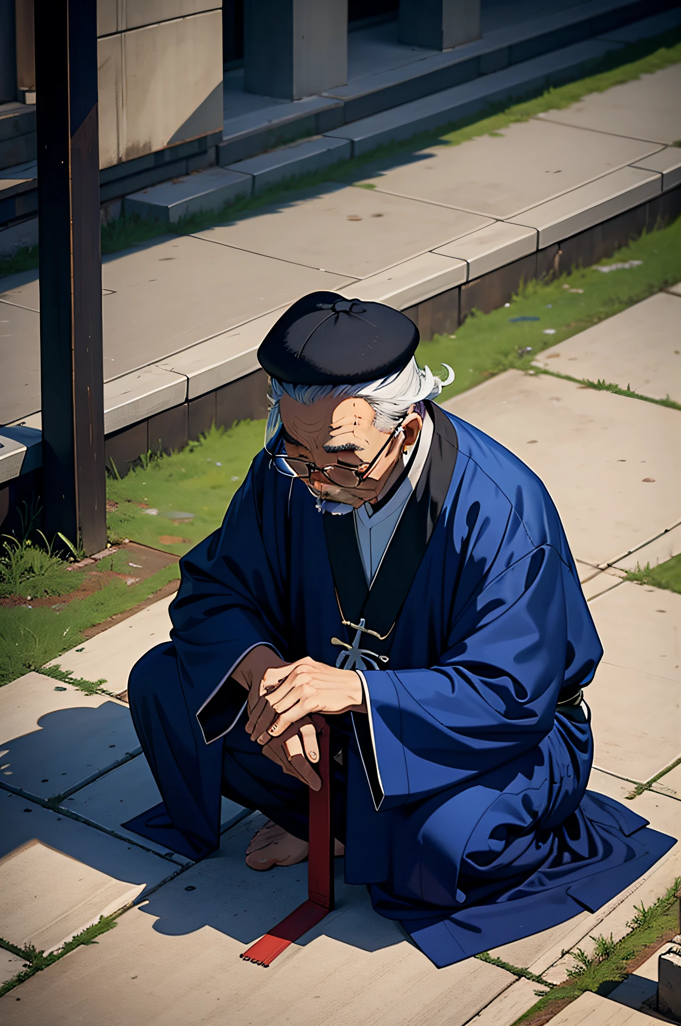 An elderly Taoist priest knelt on the ground