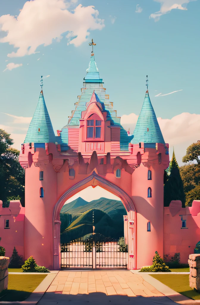Light blue castle gate,Pink roof,Light in cool tones The castle is frontal