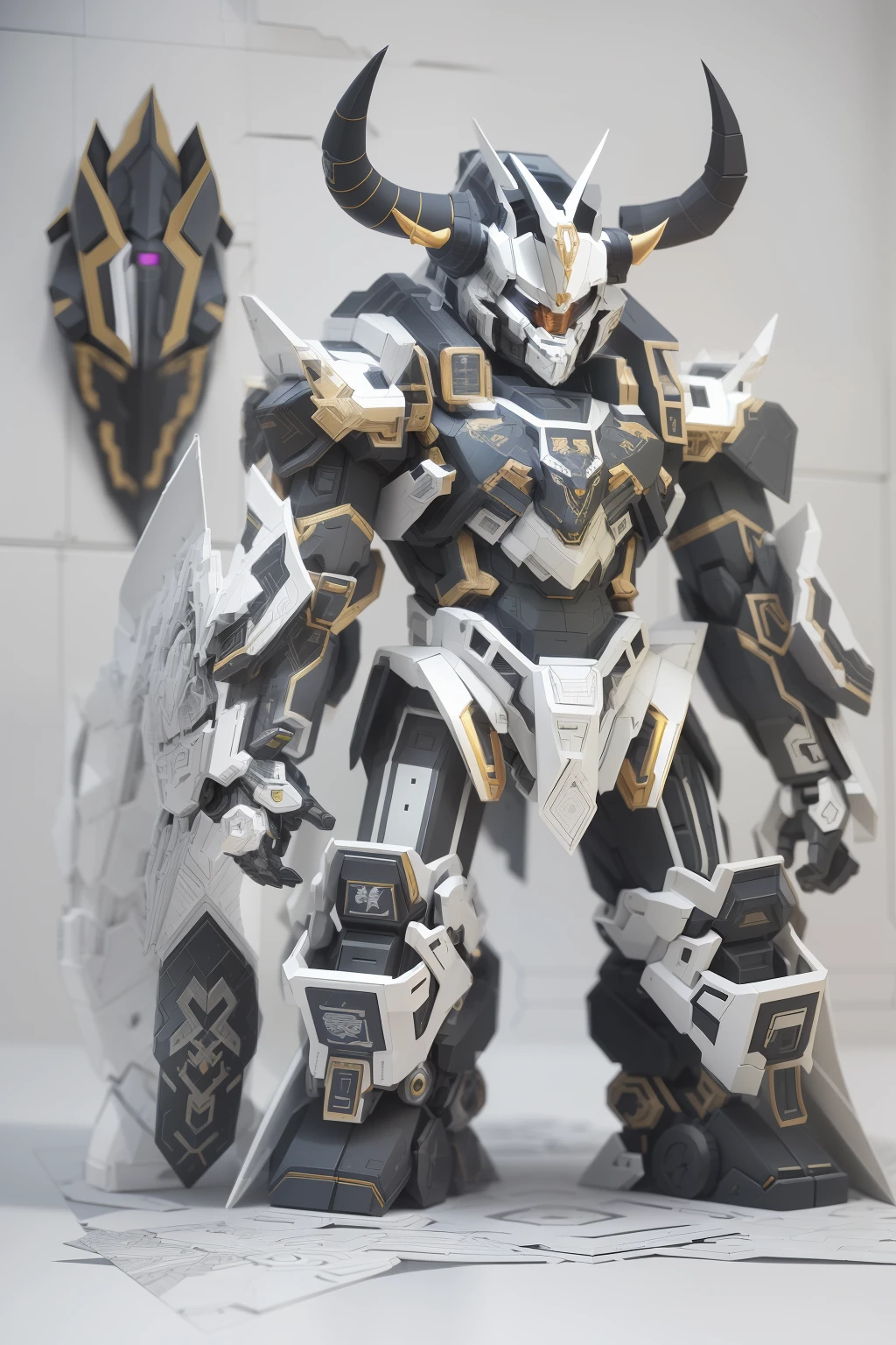 （Mecha Black Bull)，Human form，Stand on both feet，Full body like，short feet，Mechanical armor，White background，(paper art, Quilted paper art:1.2, geomerty:1.1, zentangle,a 3D render), (Extremely colorful, Best quality, high detal, Masterpiece, Cinematic lighting, 4K)