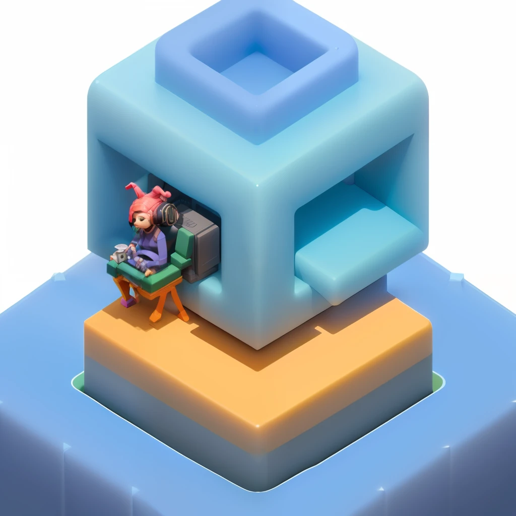 (Isometric perspective:1.5),(pixar-style:1.2),A woman sitting in a chair with headphones on is working,3D,Disney,panoramic photo,White background,one color background,Global illumination,Ray traching,Modeling,hdr,Octane rendering,unreal render,behans,dribbble,art stations,best qualtiy,8K,