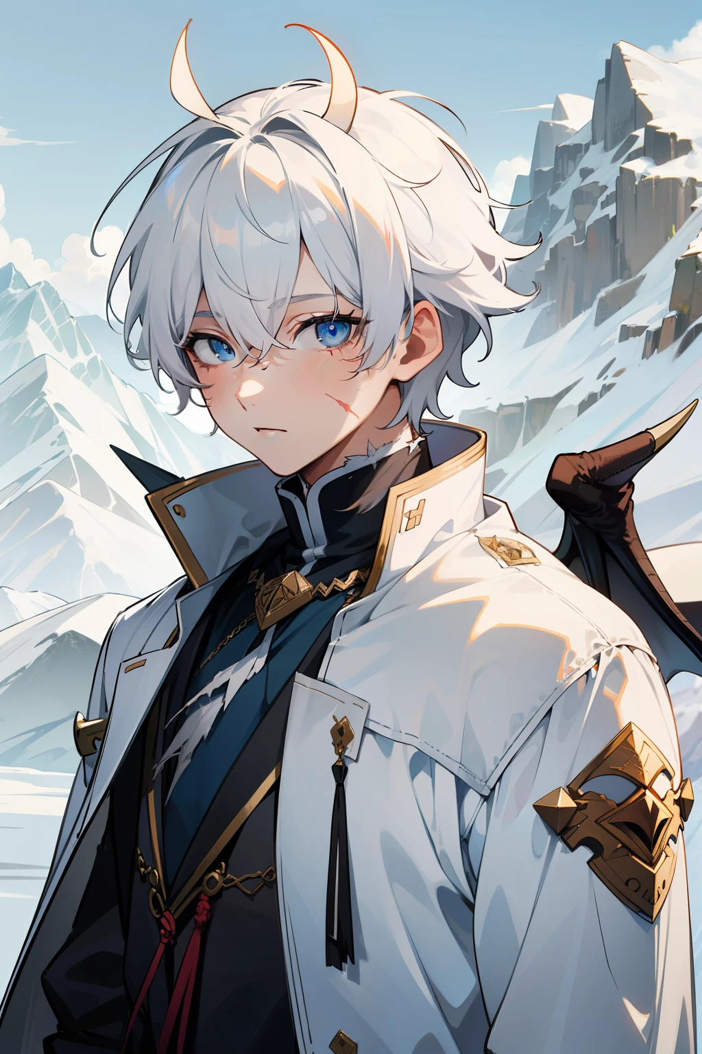 ((Masterpiece, highest quality)), detailed face, 1boy, young boy, white coat, torn clothes, blue eyes, (((scar over eye))), short hair, spiky, messy hair, white hair, white horns, dragon wings, mountains background, ice