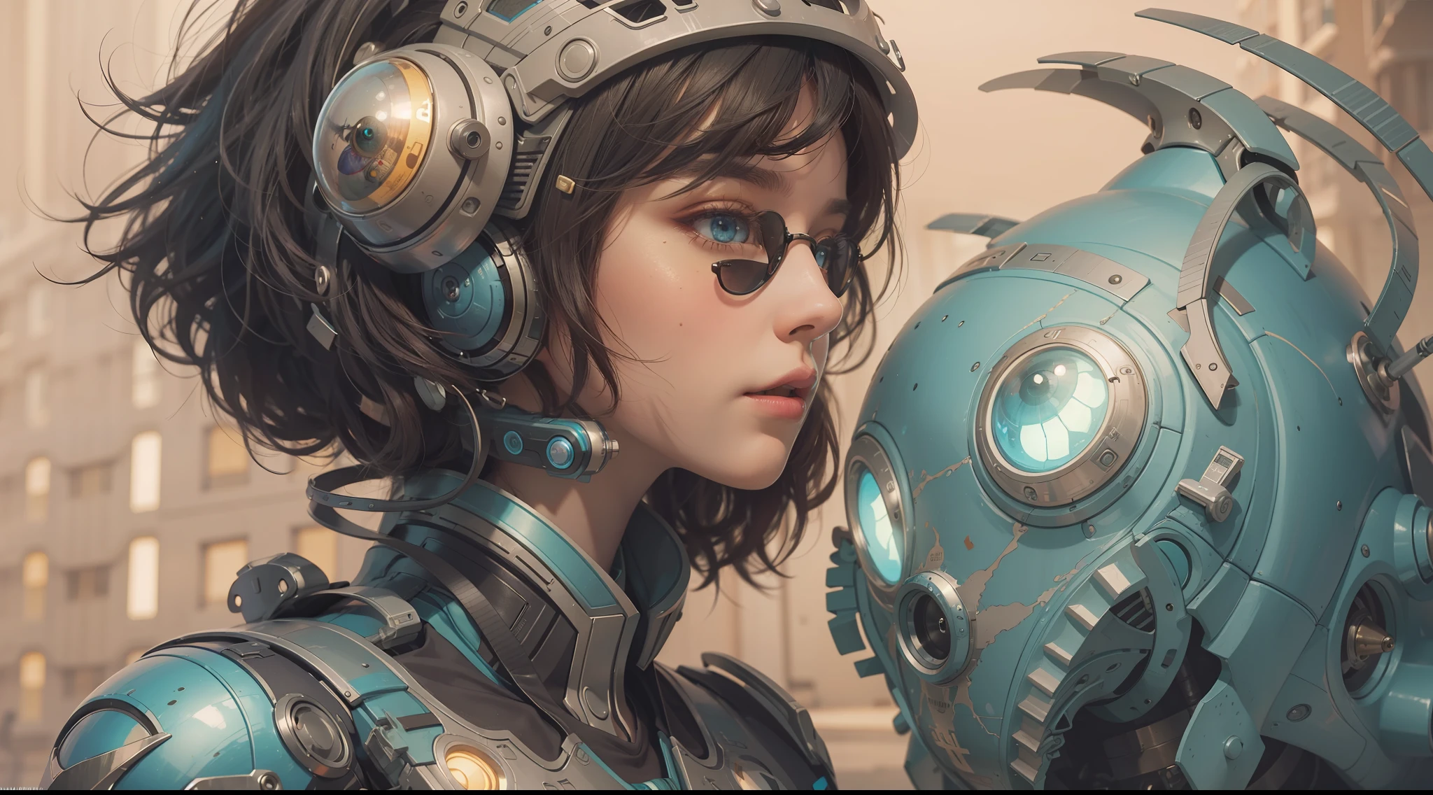 (best qualtiy,ultra - detailed,Best Illustration,Best shadow,masterpiece,A high resolution,professionalartwork,famous artwork),sci-fi,It depicts a young couple wearing colored sclera and a huge alien big cute with robot eyes, by Makoto Shinkai,by Artgerm,by wlop,by Greg Rutkowski,Volumetric lighting,octane render,4K,Trending on ArtStation,masterpiece
