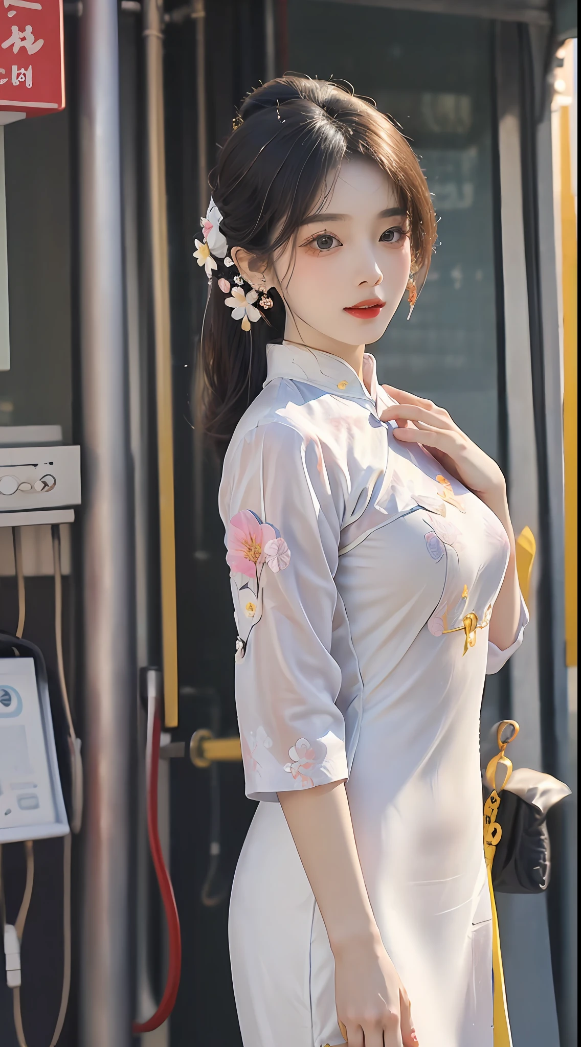 (Masterpiece, Top quality, Best quality, offcial art, Beautiful and aesthetic:1.2), (a beautiful girl in vintage aodai:1.3), Extremely detailed,(Fractal art:1.1),(Colorful:1.1)(Flowers:1.3),highest details,(zentangle:1.2), (Dynamic pose), street, Cyberpunk, (vietnam Traditional aodai:1.2), (Shiny skin), (many color:1.4), ,(Earrings:1.4),