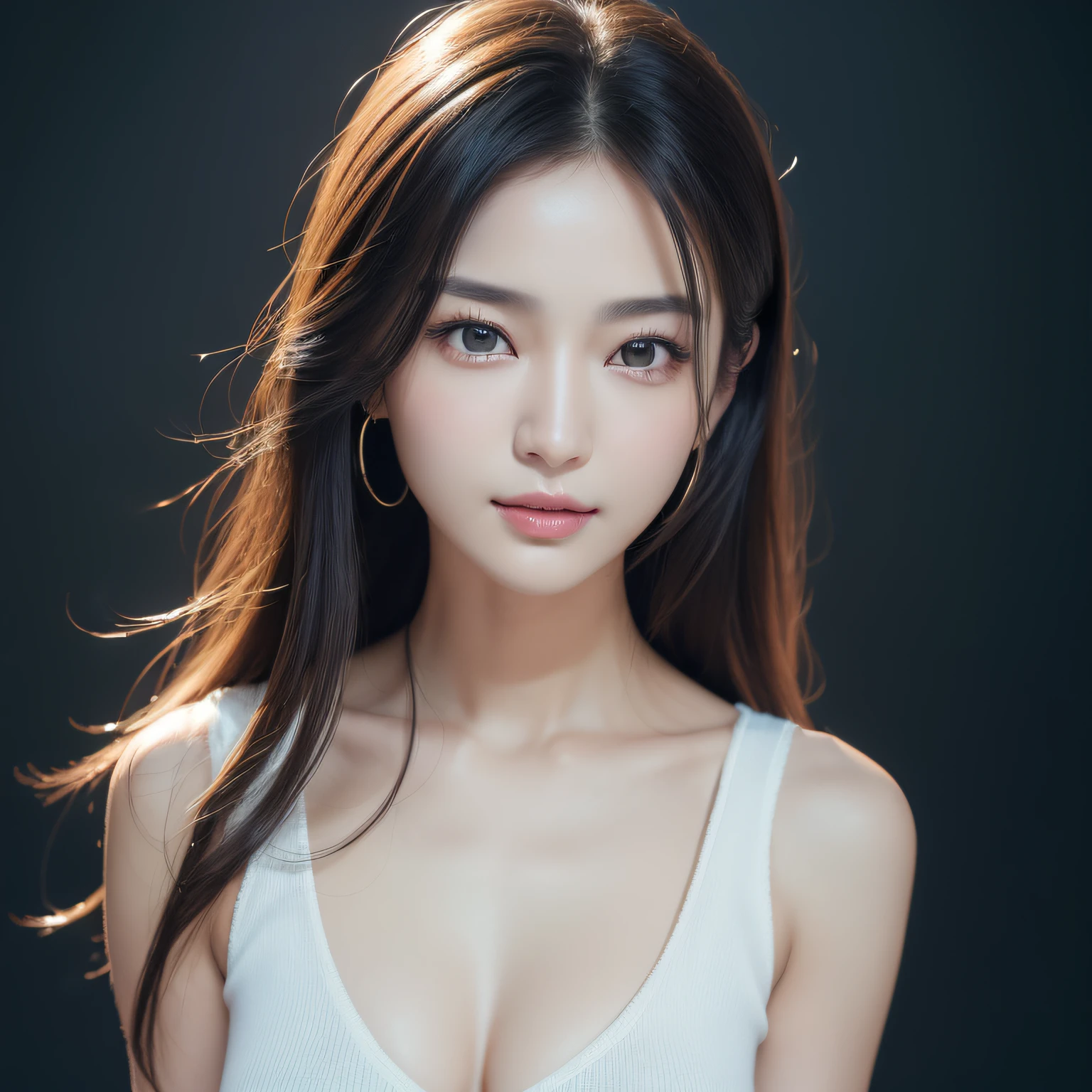 ((best qualtiy、8k masterpieces:1.3))、foco nítido:1.2、(ultra beautiful faces:1.0)、(shinny skin:1.0)、photos realistic、A dark-haired、Video Lighting、High-definition eyes and face、Video Lighting、(Korean Cute Actress)、from the front side、medium breasts、ssmile、Sleeveless、Slender Abs Beauty、Wearing a tar neck knit