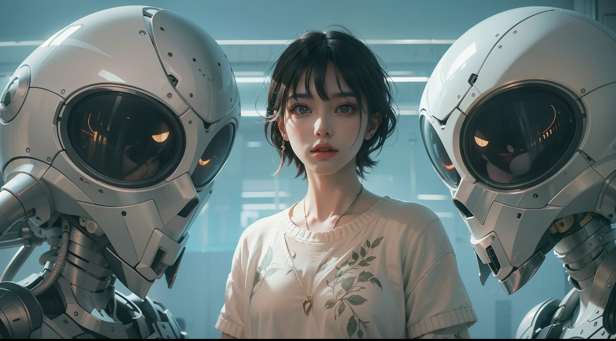 (best qualtiy,ultra - detailed,Best Illustration,Best shadow,masterpiece,A high resolution,professionalartwork,famous artwork),sci-fi,It depicts a young couple wearing colored sclera and a huge alien big cute with robot eyes, by Makoto Shinkai,by Artgerm,by wlop,by Greg Rutkowski,Volumetric lighting,octane render,4K,Trending on ArtStation,masterpiece