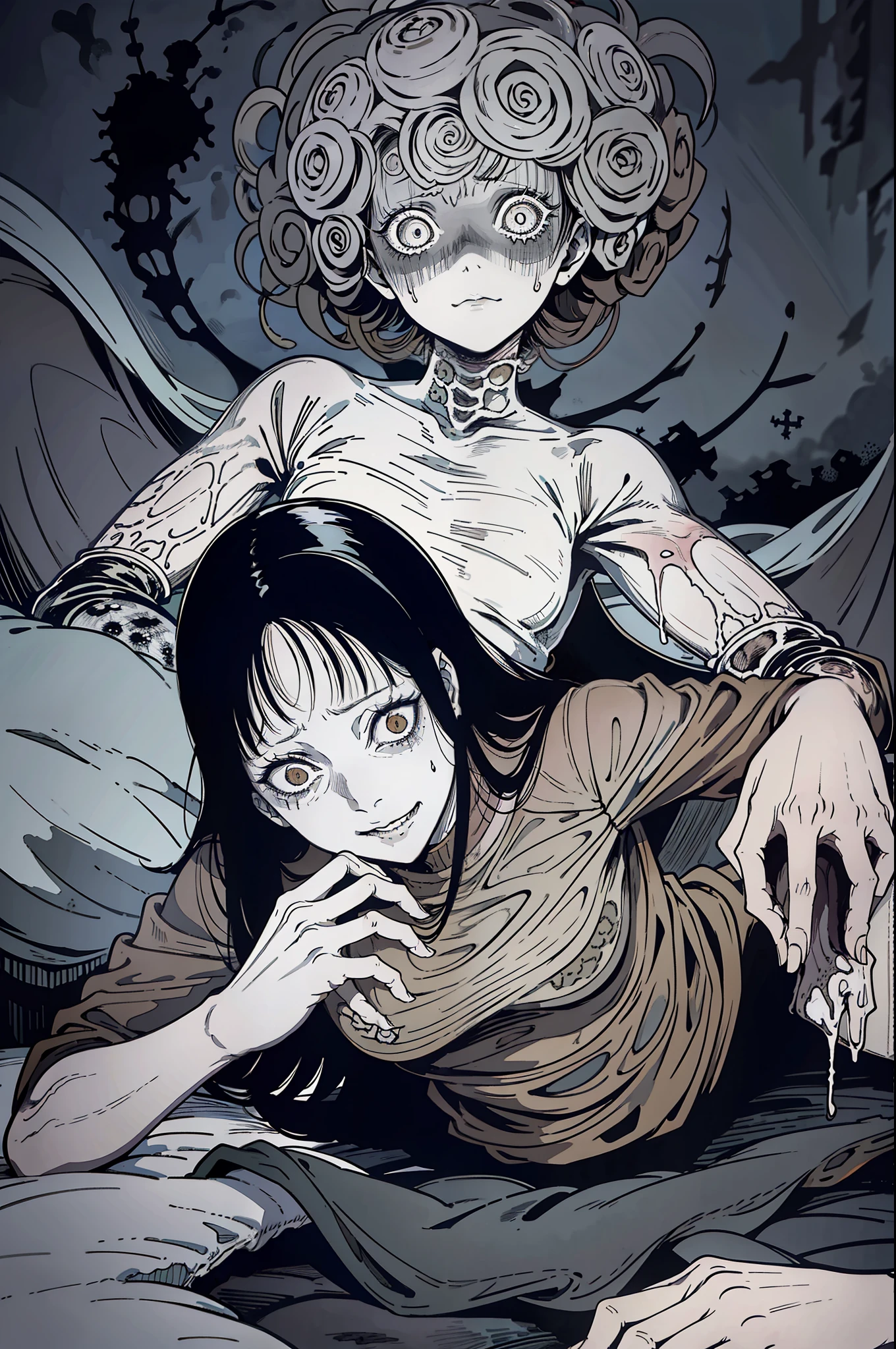 mtu, Covered with worms, Bed, Disgusting, Creepy, nightmare, Disturbing, Creepy, Gloomy, rotten, author：Junji Ito,