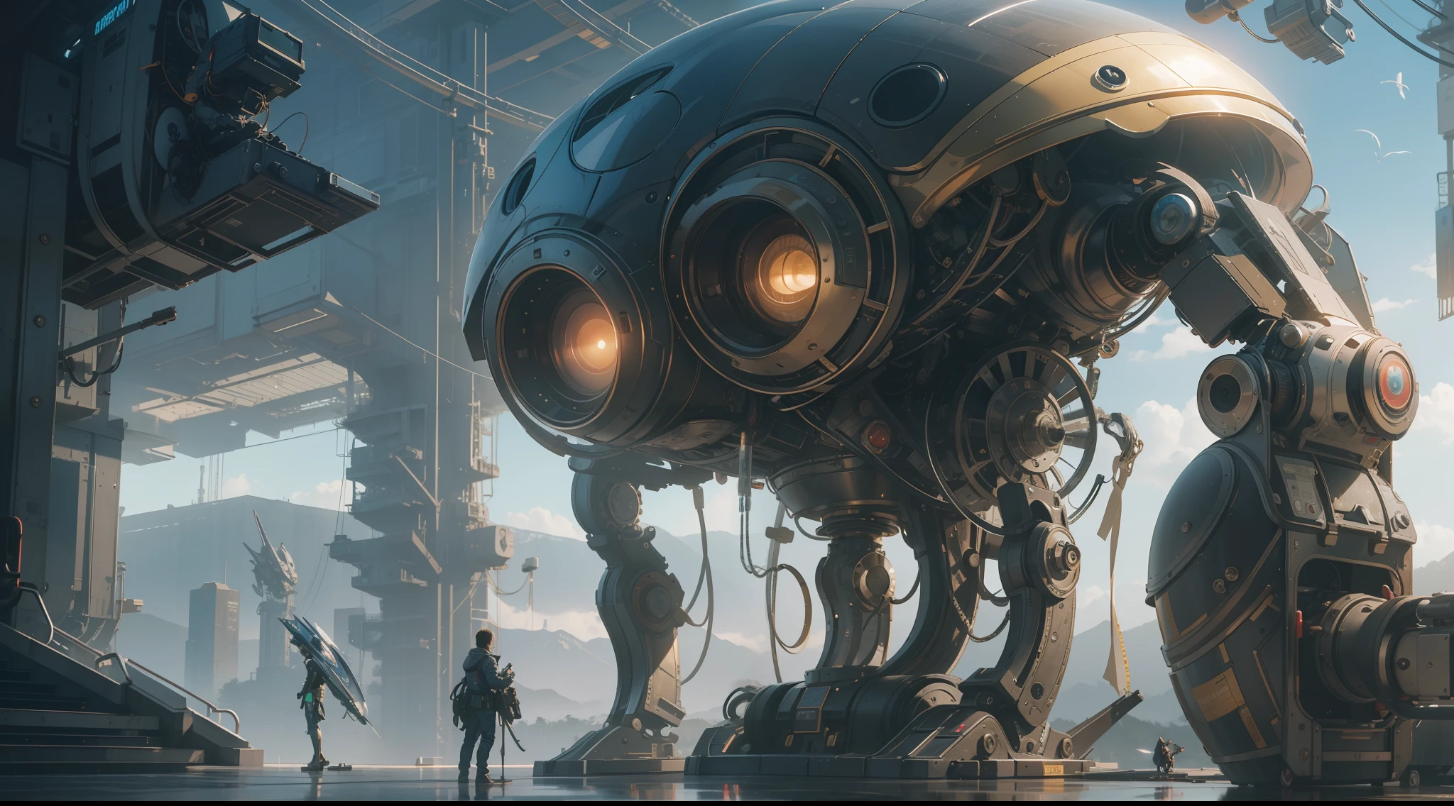 （best qualtiy，ultra - detailed，Best Illustration，Best shadow，masterpiece，A high resolution，professionalartwork，famous artwork），sci-fi，It depicts a young couple wearing colored sclera and a huge alien big cute with robot eyes， by Makoto Shinkai，by Artgerm，by wlop，by Greg Rutkowski，Volumetric lighting，octane render，4K，Trending on ArtStation，masterpiece
