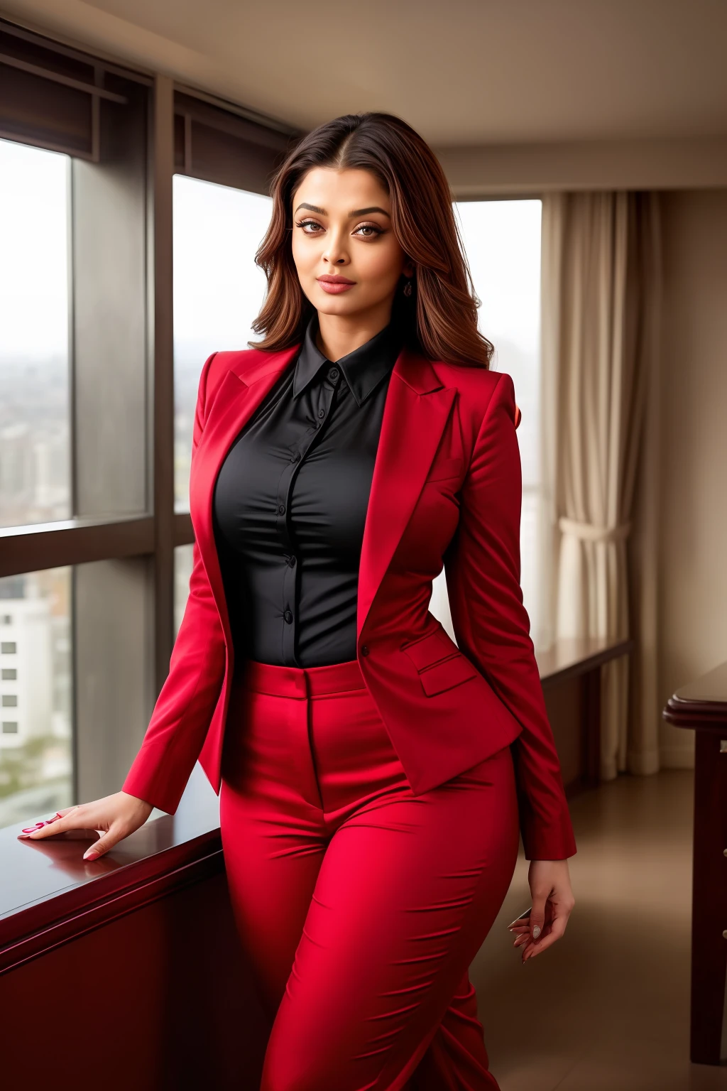 Aishwarya rai as corporate lady, red satin formal trousers, satin shirt, open unbuttoned coat, high heels, athletic curvy figure, open hair, seductive pose in balcony, day scene, hourglass figure, small breasts, fit, seductive face, look at camera and wink, erotic adult face, 40 yo, soft volumetric lights, intricate details, (ArtStation:1.2)