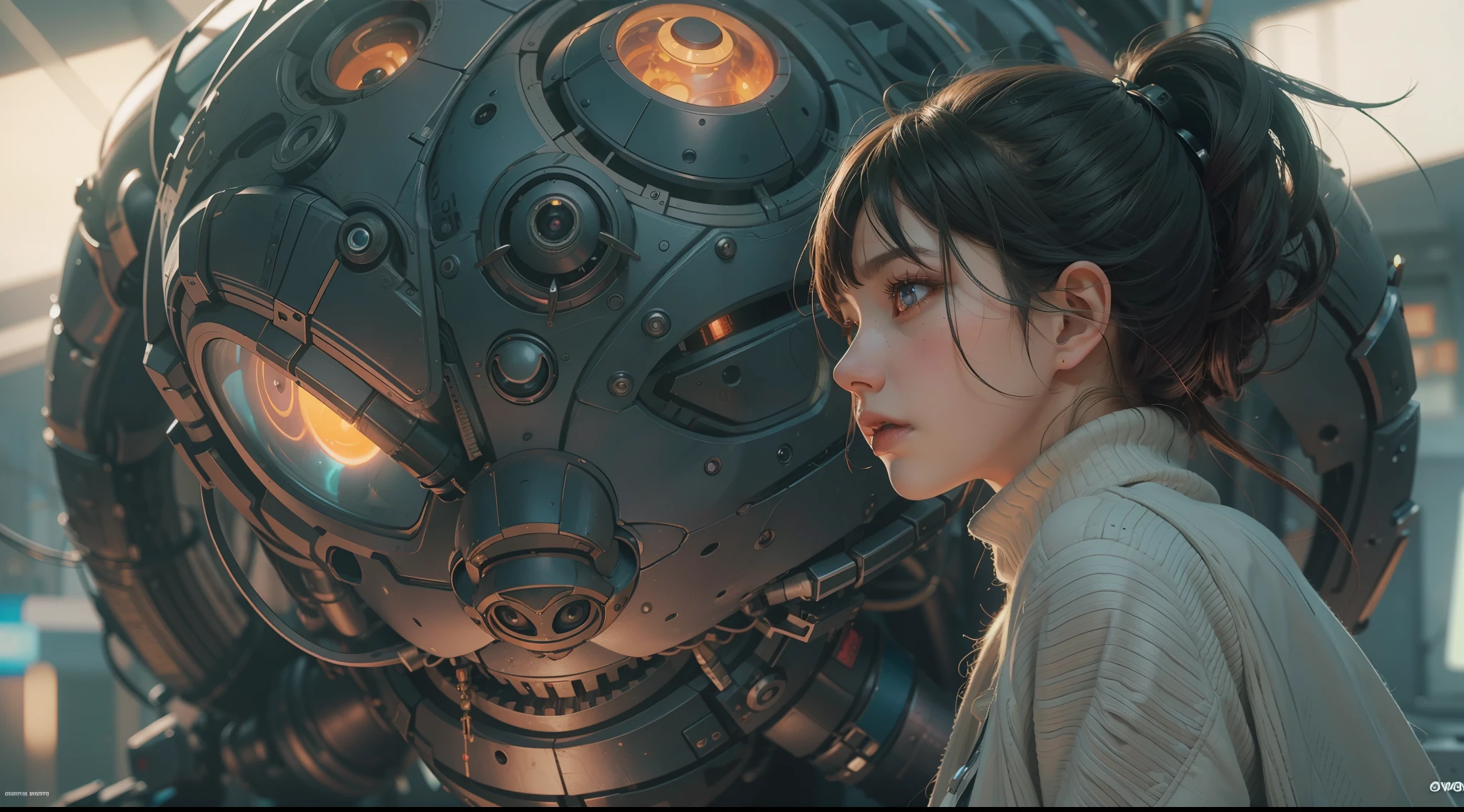 （best qualtiy，ultra - detailed，Best Illustration，Best shadow，masterpiece，A high resolution，professionalartwork，famous artwork），sci-fi，It depicts a young couple wearing colored sclera and a huge alien big cute with robot eyes， by Makoto Shinkai，by Artgerm，by wlop，by Greg Rutkowski，Volumetric lighting，octane render，4K，Trending on ArtStation，masterpiece