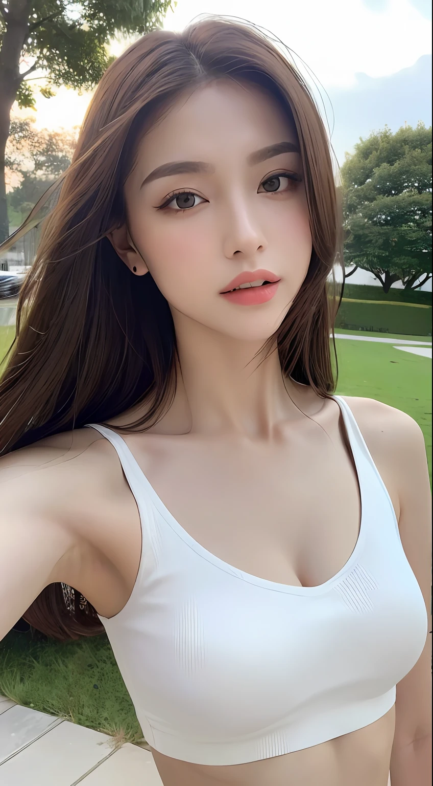 ((Realistic lighting, Best quality, 8K, Masterpiece: 1.3)), Clear focus: 1.2, 1girl, Perfect beauty: 1.4, Slim abs: 1.1, ((Dark brown hair)), (White crop top: 1.4), (Outdoor, Night: 1.1), Park view, Super fine face, Fine eyes, Double eyelids,