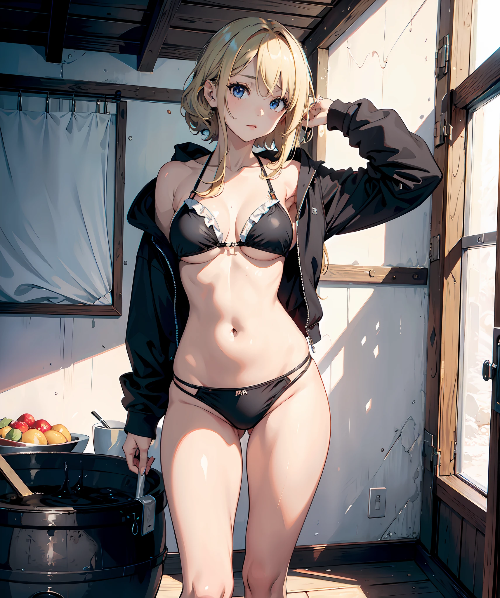 (masterpiece, best quality), beautiful girl, bikini, open hoodie (detailed beautiful eyes) underwear, full body shot, visible bellybutton, blonde hair, black