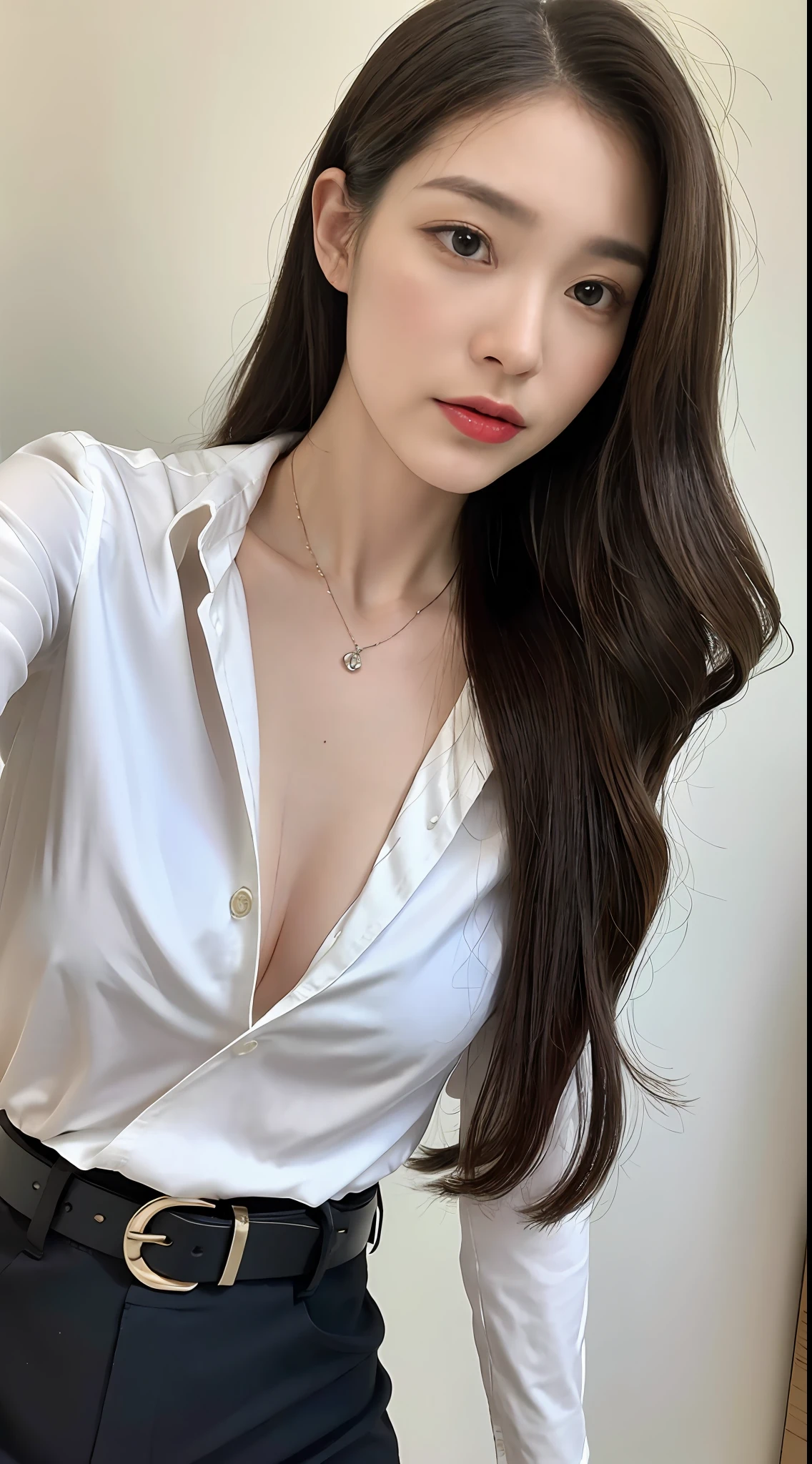 (top quality, high resolution, masterpiece: 1.3), tall and pretty woman, slender abs, dark brown hair styled with loose waves, chest, wearing pendant, white button-up shirt, belt, black skirt, (modern architecture in background), exquisitely rendered details on face and skin texture, detailed eyes, double eyelids, no bra, shirt fitted to bare skin, from above