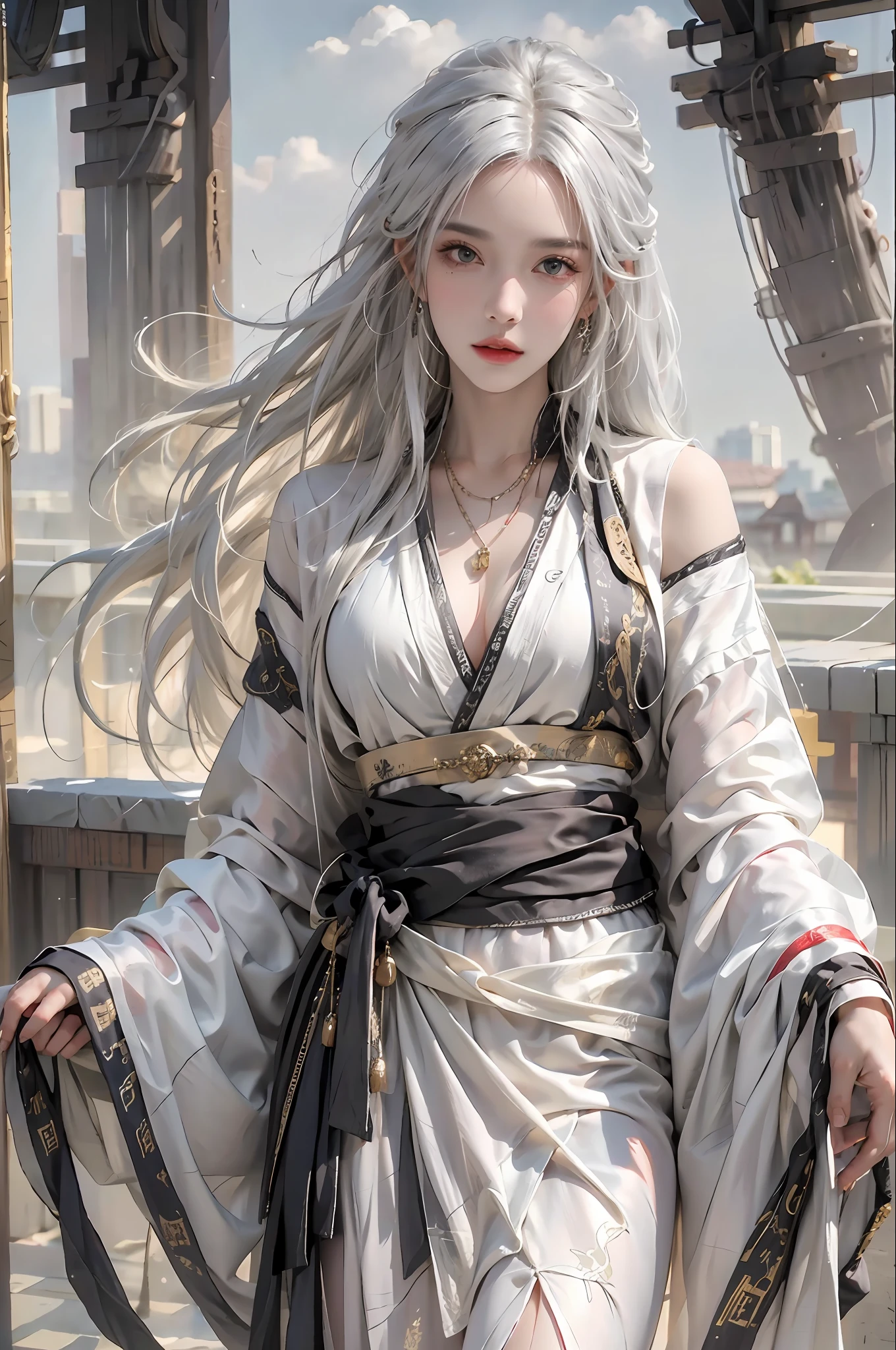 photorealistic, high resolution, 1women, solo, hips up, look at viewer, (detailed face), white hair, long hair, Taoist robe,oversized clothes, jewelry, midjourney portrait