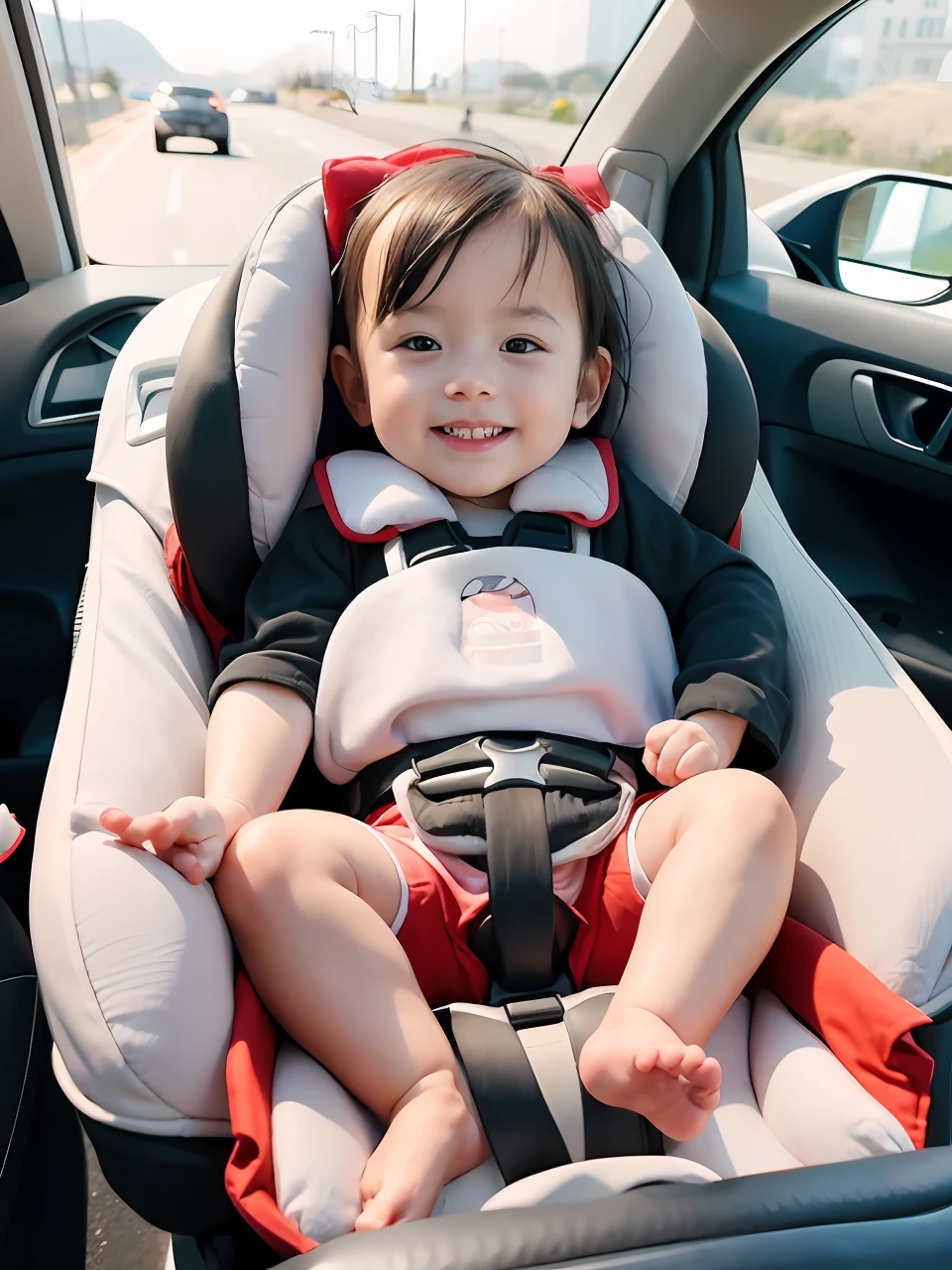 Alafed in a car seat with safety belt, A smile, View from an angle, Smiling expression, Smiling at the camera, taken on iphone 14 pro, sitting in her car, looking to his side, little smiling、Soft Illustration、Faithfully reproduce the hand、Faithful reproduction of the foot