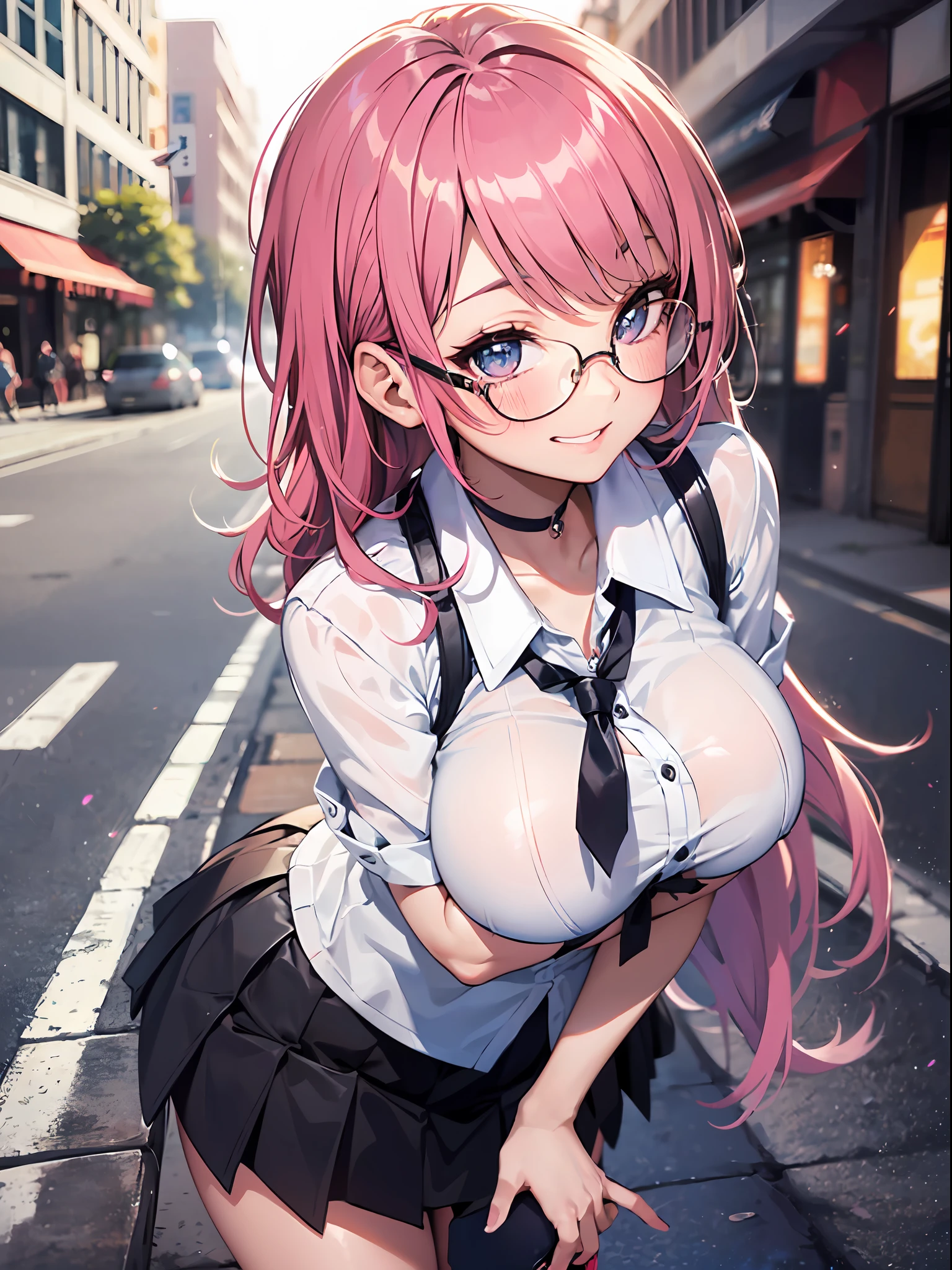 ((masterpiece)), ((Best Quality)), (Ultra-detailed), ((kawaii)), (Cute), (lovely), ((Sexy)), (Ero), ((Extremely detailed)), 4K, (8K), Best Quality, (Beautiful), Best shadows, Illustration, Anime style, Painting, Various best angles, (Poses for erotic photo album:1.2), Gradation, city, Cute girl pervert,1girl, Solo, school uniform, (random hair color:1.2), Beautiful random colored eyes, ((Beautiful eyes)), random hair style, Buttocks, (large breast), (full-rim glasses), smirk, grin, blush, sparkling effect, Lens Flare, shiny-glistening, gleaming