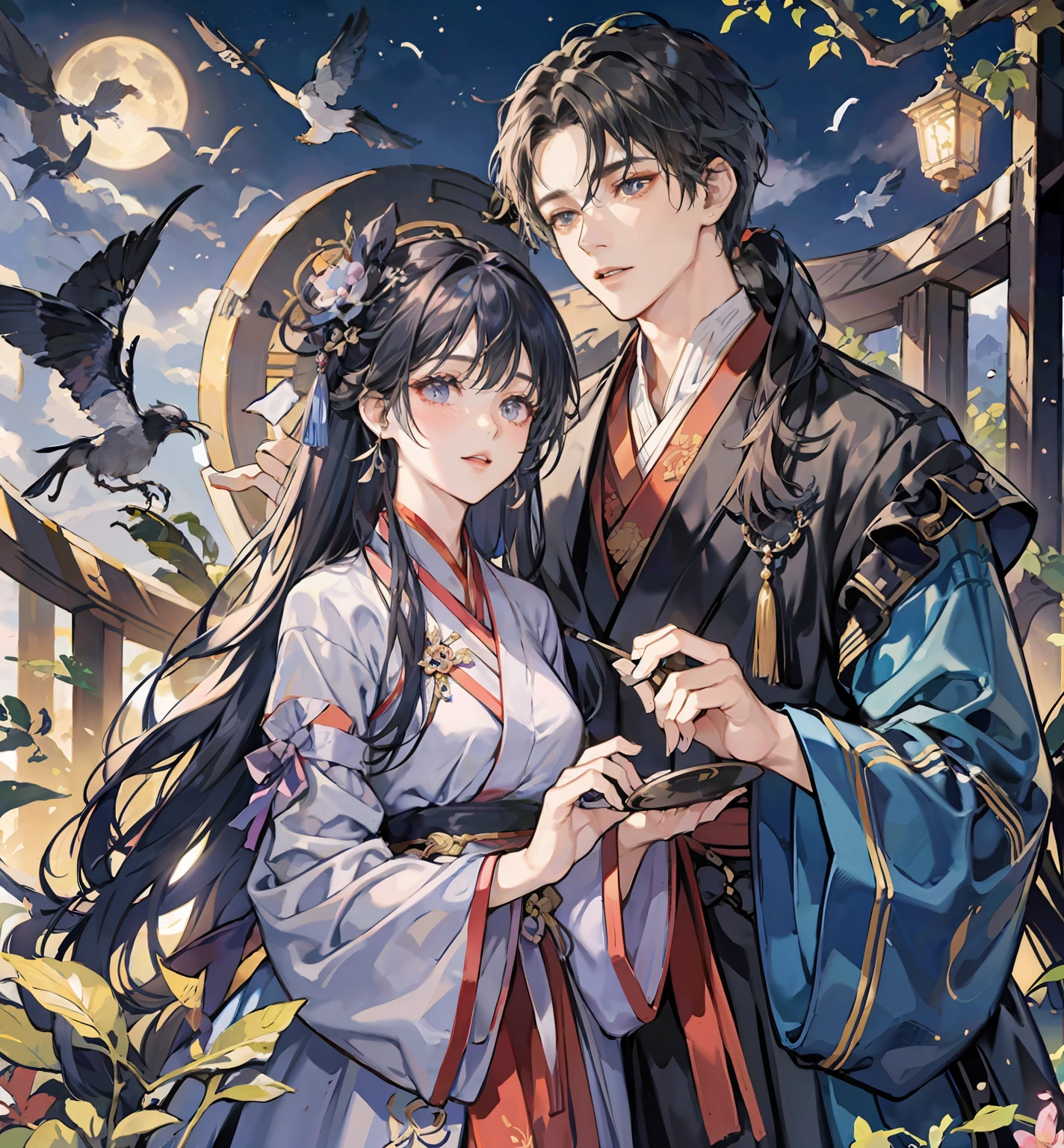 Qixi Festival，Hanfu，A man and a woman wear Hanfu，Magpie Bridge，magpie，themoon，nigth，high qulity，tmasterpiece，Beautiful Girl Bishonen，Ambient
