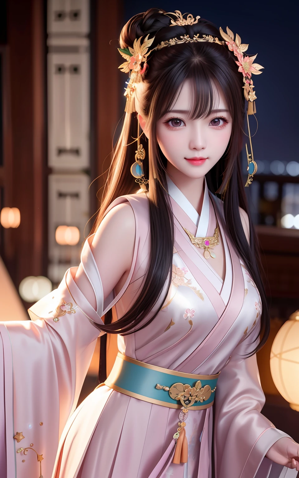 best quality, masterpiece, highres, 1girl,blush,(seductive smile:0.8),star-shaped pupils,china hanfu,hair ornament,necklace, jewelry,Beautiful face,upon_body, tyndall effect,photorealistic, dark studio, rim lighting, two tone lighting,(high detailed skin:1.2), 8k uhd, dslr, soft lighting, high quality, volumetric lighting, candid, Photograph, high resolution, 4k, 8k, Bokeh