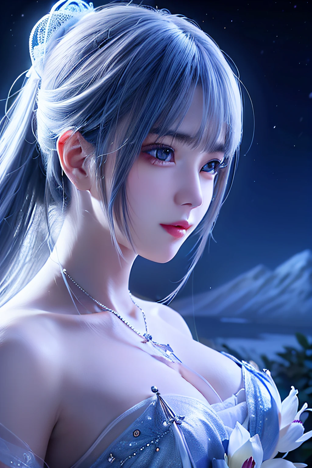 beautiful picture,Blue snow lotus blooms on the snowy mountains,The flowers are wrapped in crystal ice,under moonlight,Hazy view,wide wide shot,电影灯光,pastelcolor,Ultra-clear image quality,Super clear, Transparent metal armor, patron saint of, Transparent, Caustics, optics, Portrait profile, Ultra photo realsisim, magic, fantasy, composition, Dark, trending on artstationh,Enhanced photorealistic painting,8K、HD、