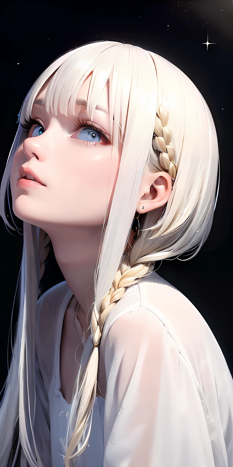 best quality, masterpiece,white hair, gold eyes,white clothes, looking up, upper body,hair strand,Fair skin,side braids