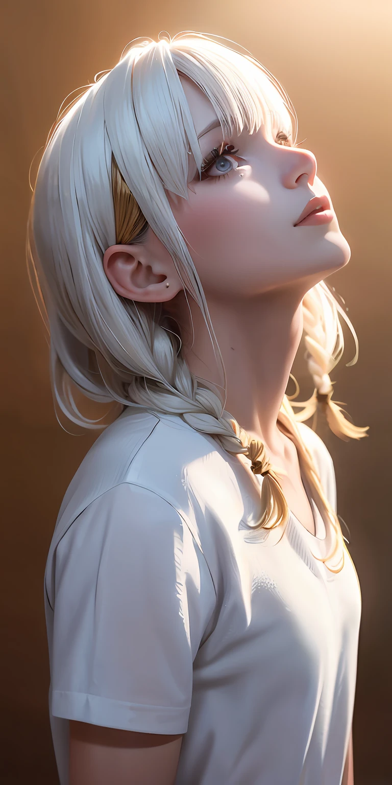 best quality, masterpiece,white hair, gold eyes,white clothes, looking up, upper body,hair strand,Fair skin,side braids