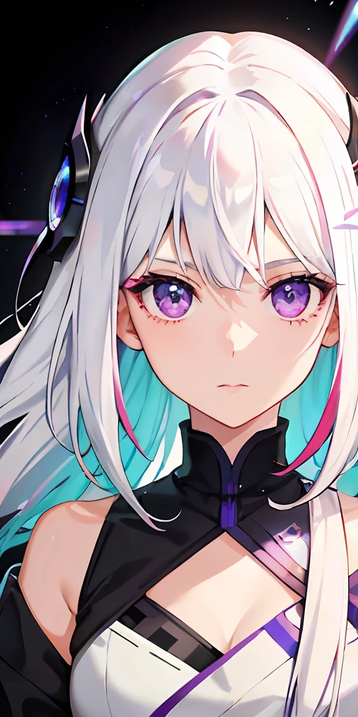 1girl, white hair, multicolored hair, purple eyes, mask on head, sidelighting, light particles, wallpaper,