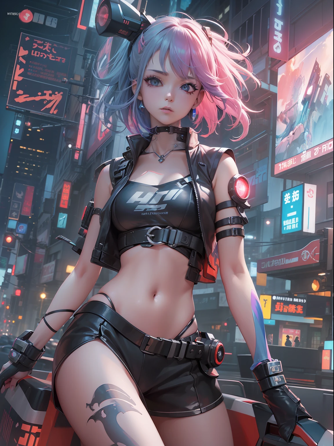 (((masterpiece)))、(((top-quality)))、((ultra-definition))、(High Definition CG Illustration)、((extremely delicate and beautiful))、City of the Future、Cinematic Light、独奏、full body Esbian、cyberpunked、2040s、animesque、dreamy cyberpunk girl、rainbow hair、Witch style、trending on artstationh、Rachel Walker、