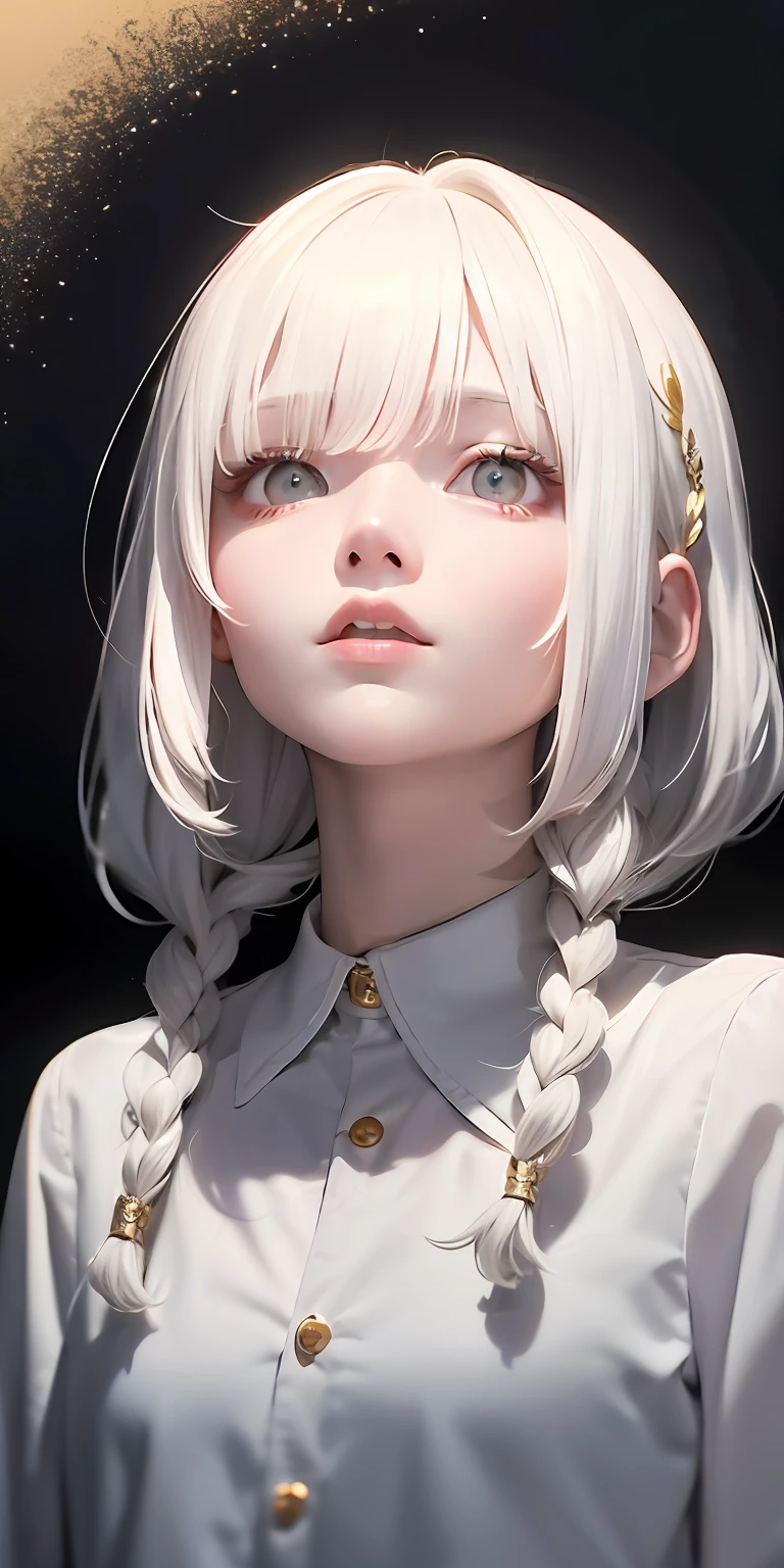 best quality, masterpiece,white hair, gold eyes,white clothes, looking up, upper body,hair strand,Fair skin,side braids