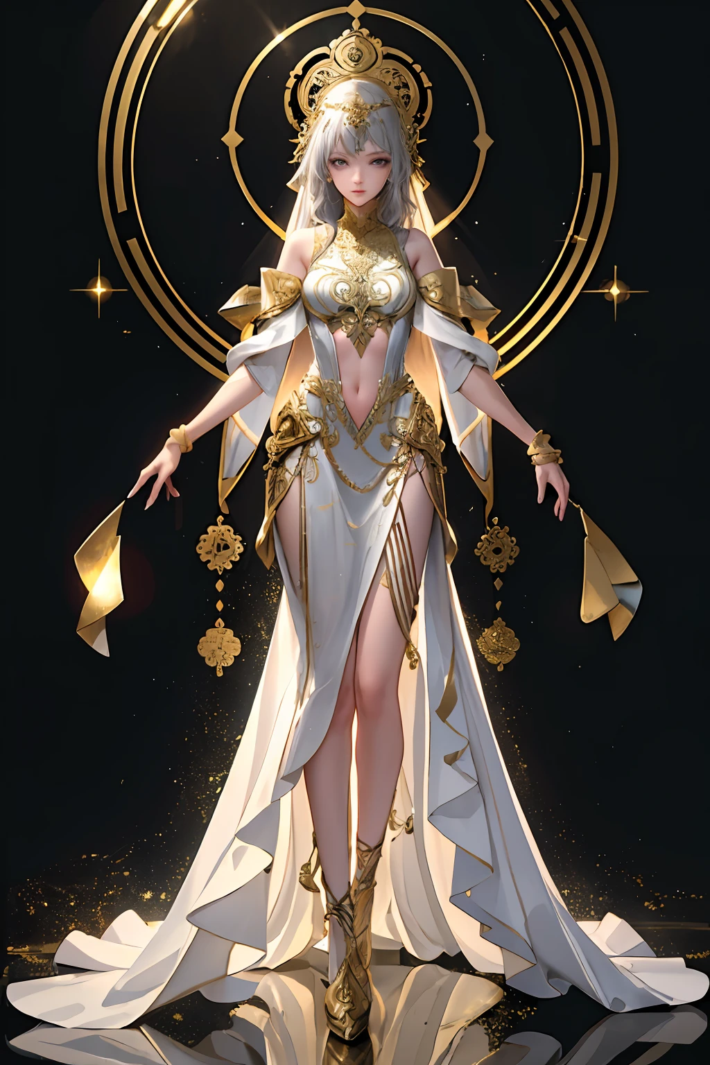 8K raw photo, Best quality, masterpiece, ultra high res, (zentangle, mandala, tangle, entangle),colorful,(photorealistic:1.4),raw photo, neonlight\(ttp\),1girl,tall female, skinny, slim_legs, solo,(perfect body shape),holy light,gold foil,gold leaf art,glitter drawing,(full body), ban,yuechan_wedding_lothes, gadaxintai, Neon Light,