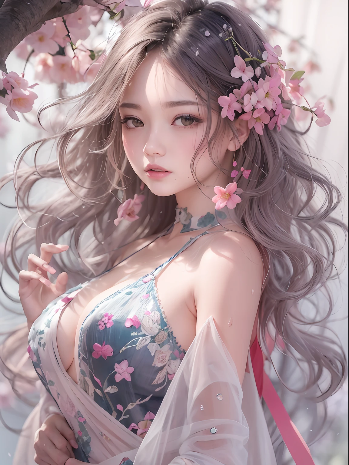 loose outfit、Show shoulders、How to wear a gown with a broken see-through halter neck、Decorated with intricate patterns and pastel colors、Transparent material that makes the skin shine、Artistic depiction of seductive woman in gown with wet thin cloth and transparent skin, Floral and fantastic pattern with flowing silky traditional see-through skin。Her dress draped elegantly around her curvaceous figure、Emphasizes her charming silhouette。She's a gentle fireworks night、Dynamic Posing、Sexy Posing、bathed in the soft glow of moonlight。The scene is、With a hint of mystery and sensuality、It exudes an ethereal dreamy atmosphere。The image style is、Incorporates a blend of watercolor and digital illustration techniques.、It makes you feel delicate beauty and charm。Soft moonlit lighting、Cast gentle highlights and shadows on her mesmerizing features。Dynamic Posing、Bold poses、The hand is somewhere、see -through、show through、A sexy、Wet hair、Wet、cherry trees、flower petals、cherryblossom、The cherry tree、Sakura blizzard、buried、Transparent skin、Wet clothes、Chest Pulling、Translucent clothes、Eau、nudde、