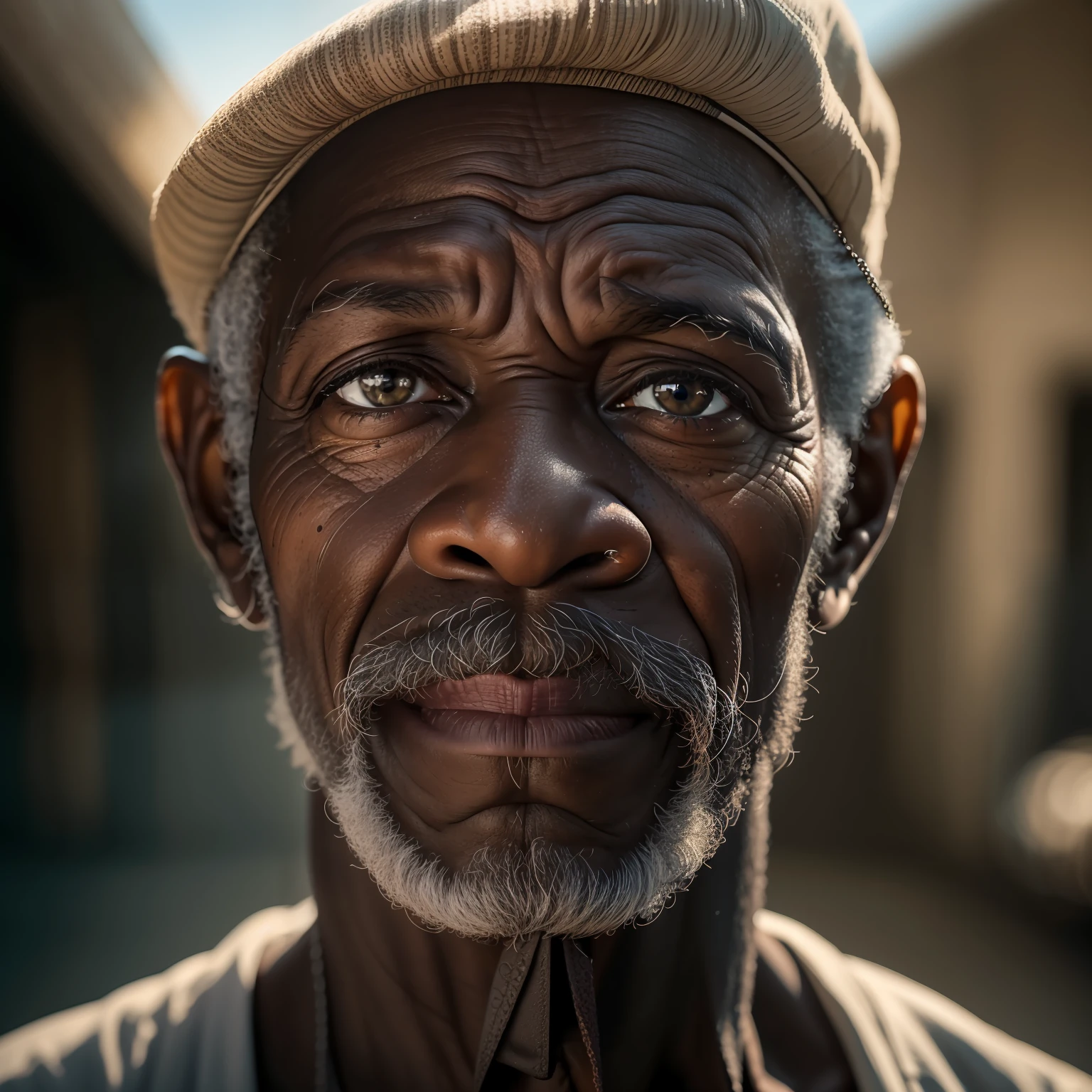 A raw photo of an old black African man, close picture, bold, facing me, perfect face features, perfect eyes, hopeful, volumetric lighting, sun rays, detailed shadows, indoor, hasselblad X2D 100c, hasselblad XCD 80mm f/1.9 lens, depth of field, bikes, film grain, sharp focus, photorealistic, masterpiece, intricate details, high contrast, 8k, UHD, HDR, high-res, best lens, absurdres, award winning photography, best composition, rule of third, upper body shoot.