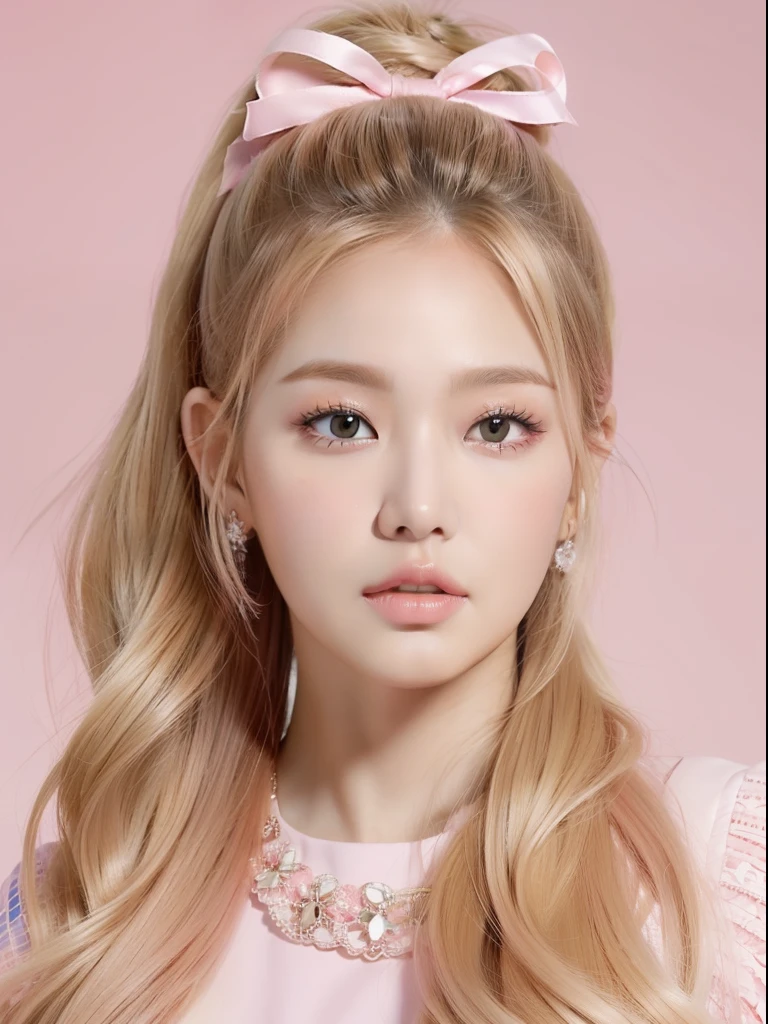 Blonde woman posing for photo with long hair and pink dress, roseanne park of blackpink, hyperrealistic teen, portrait jisoo blackpink, inspired by Russell Dongjun Lu, inspired by Yanjun Cheng, Kawaii realistic portrait, render of april, portrait of kpop idol, IG model,Princess Sweet Wind,There is a bow hair ornament on the head.Shut up naturally,Solid color on pink background,voluminous hair,High ponytail hairstyle,Look directly at the camera