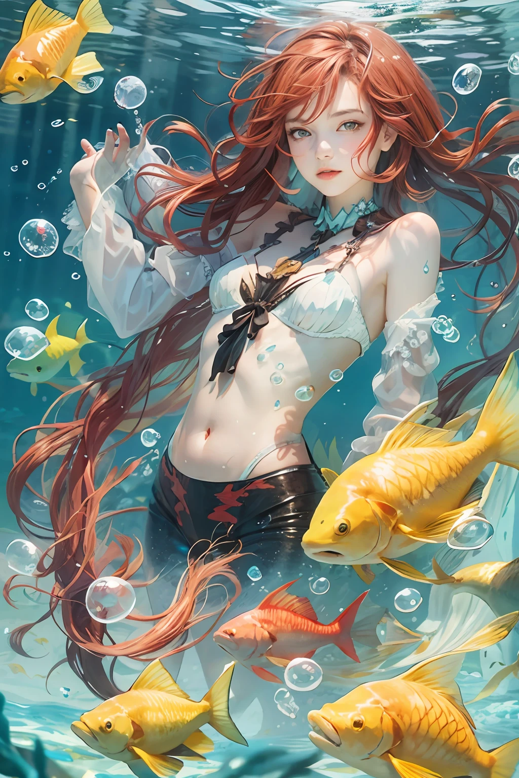 1 girl, mermaid, red hair, long hair, yellow eyes, swims underwater, around fish, bubbles, Jellyfish
