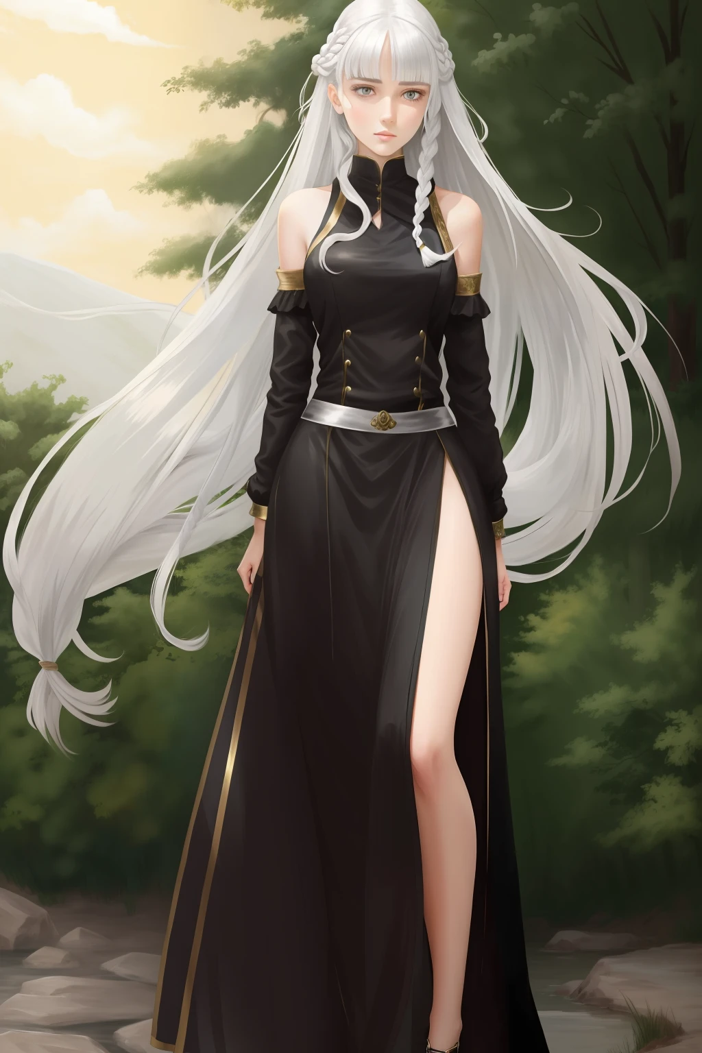 Tall girl with white long hair, braided into a tail, and bangs on the side and silver eyes