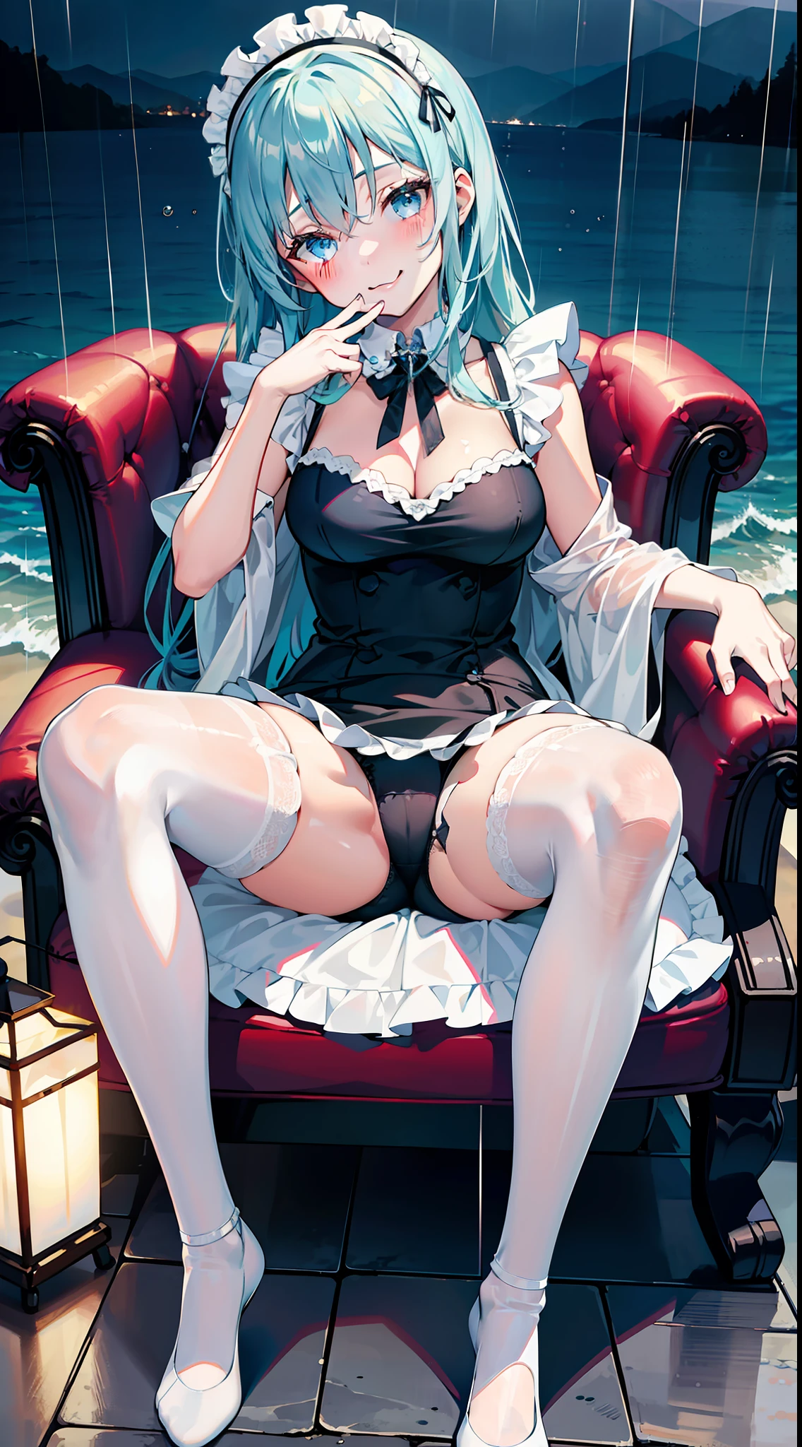 Best quality, 1girll, full bodyesbian, Extremely detailed, A high resolution, Sea, In the rain, rain, Seaside, sandbeach, chair, wineglass, ,  Mature female, adult lady like woman,queen,Blue hair, Blue eyes, aqua eyes, breasts parted, white stockings, Wet clothes, Bare legs, Transparent underwear,  maid headdress, Seductive smile, Light blush, Head tilt, Hand to mouth, Spread legs
