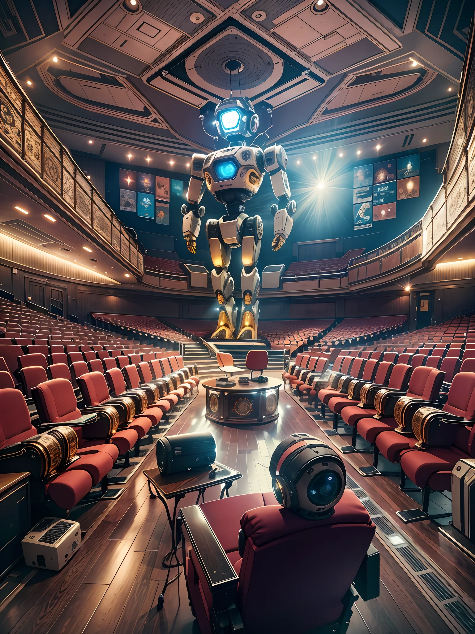 There is an inside view of an auditorium with magnificent chairs sofas. There is mesmerizing view of lights. Light bulbs on the roof. There is a stage on which humanoid robot standing. There is AC and projector