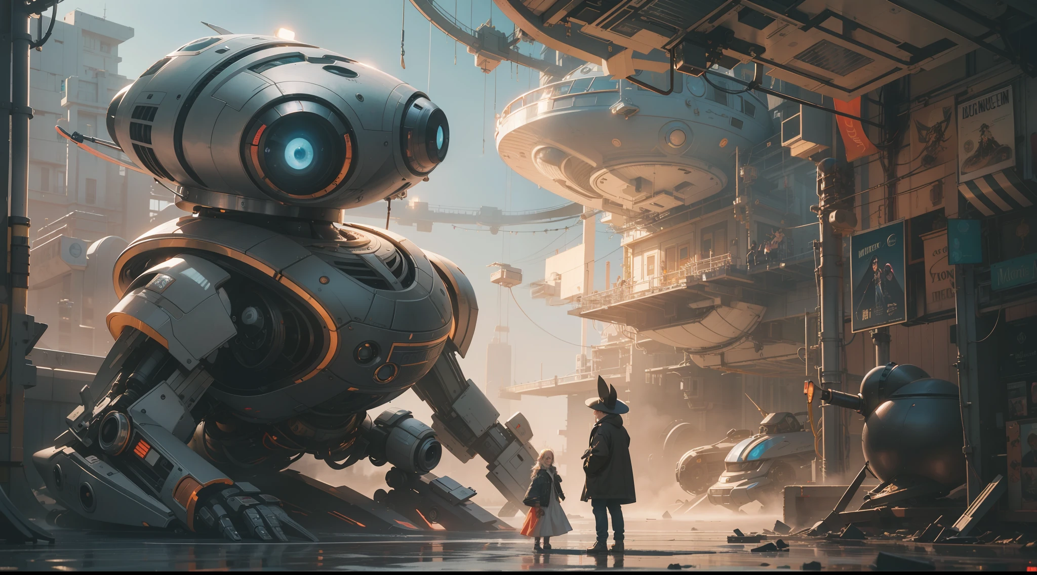 （best qualtiy，ultra - detailed，Best Illustration，Best shadow，masterpiece，A high resolution，professionalartwork，famous artwork），sci-fi，It depicts a young couple wearing colored sclera and a huge alien big cute with robot eyes， by Makoto Shinkai，by Artgerm，by wlop，by Greg Rutkowski，Volumetric lighting，octane render，4K，Trending on ArtStation，masterpiece