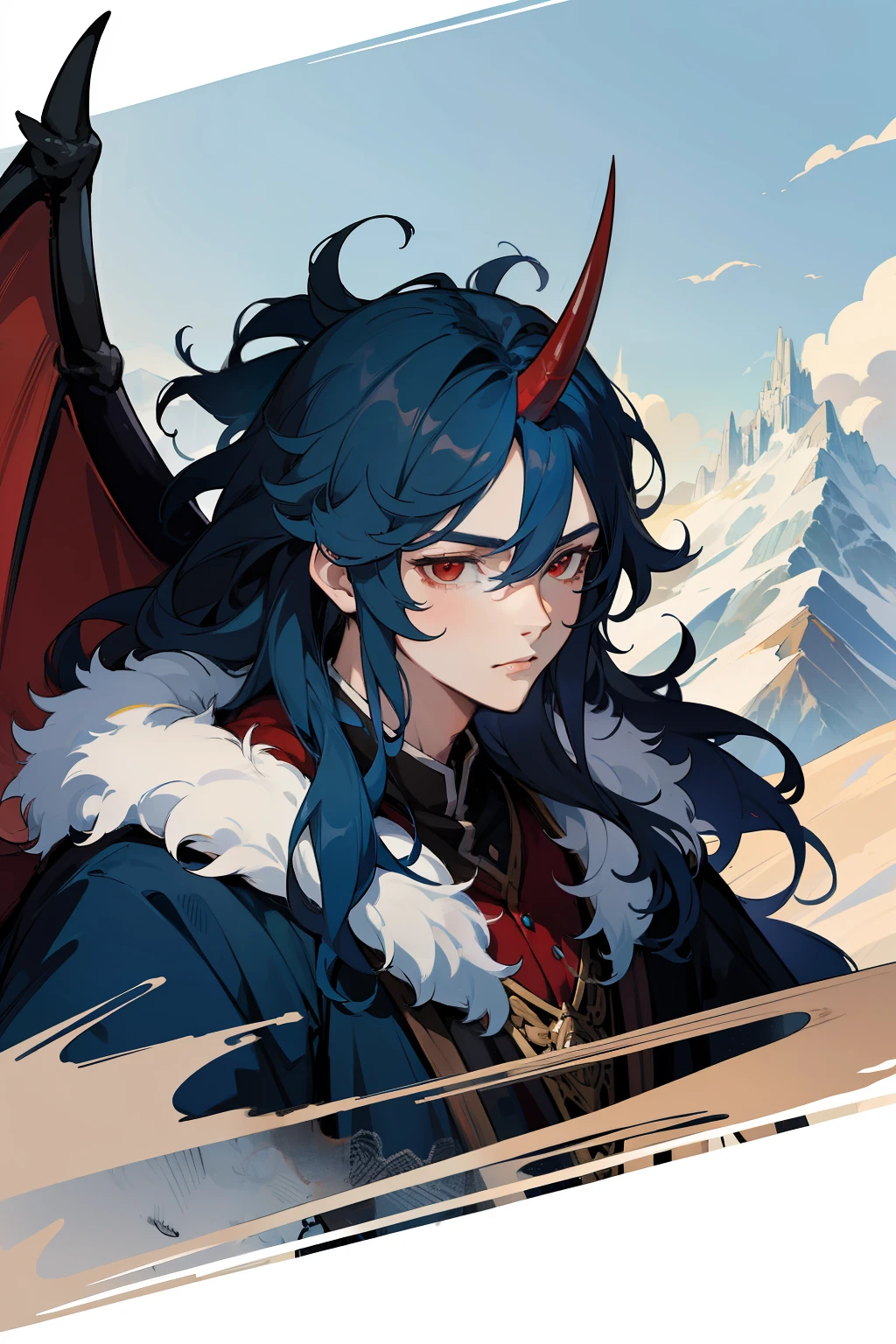 ((Masterpiece, highest quality)), detailed face, 1boy, young boy, fur coats, torn clothes, red eyes, long hair, blue hair, wavy hair, messy hair, blue horn, single horn, dragon wings, mountains background, thunder