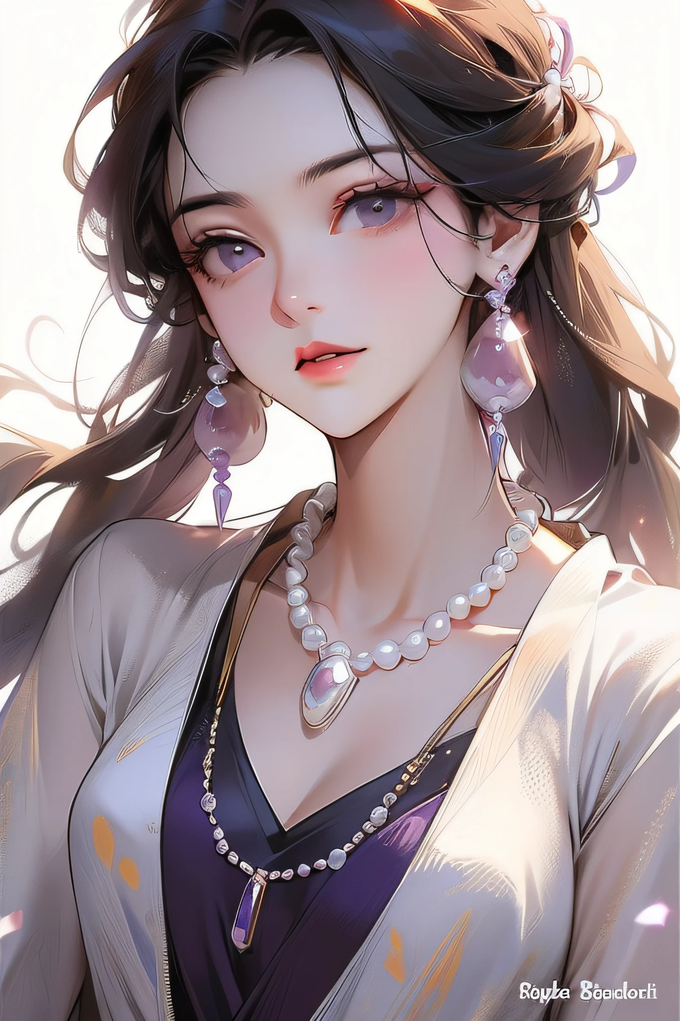 Pearl earrings and purple quartz bead necklace