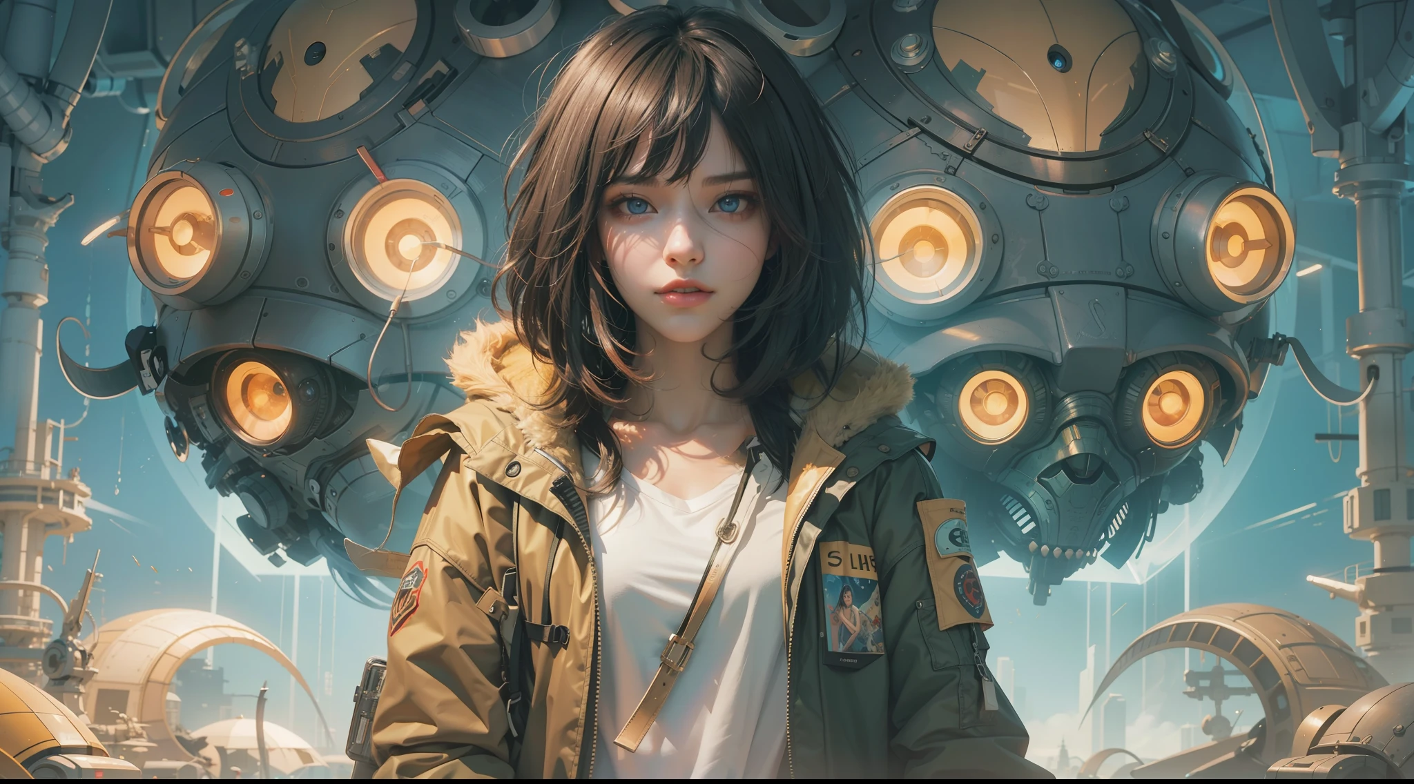 (best qualtiy,ultra - detailed,Best Illustration,Best shadow,masterpiece,A high resolution,professionalartwork,famous artwork),sci-fi,It depicts a young couple wearing colored sclera and a huge alien big cute with robot eyes, by Makoto Shinkai,by Artgerm,by wlop,by Greg Rutkowski,Volumetric lighting,octane render,4K,Trending on ArtStation,masterpiece
