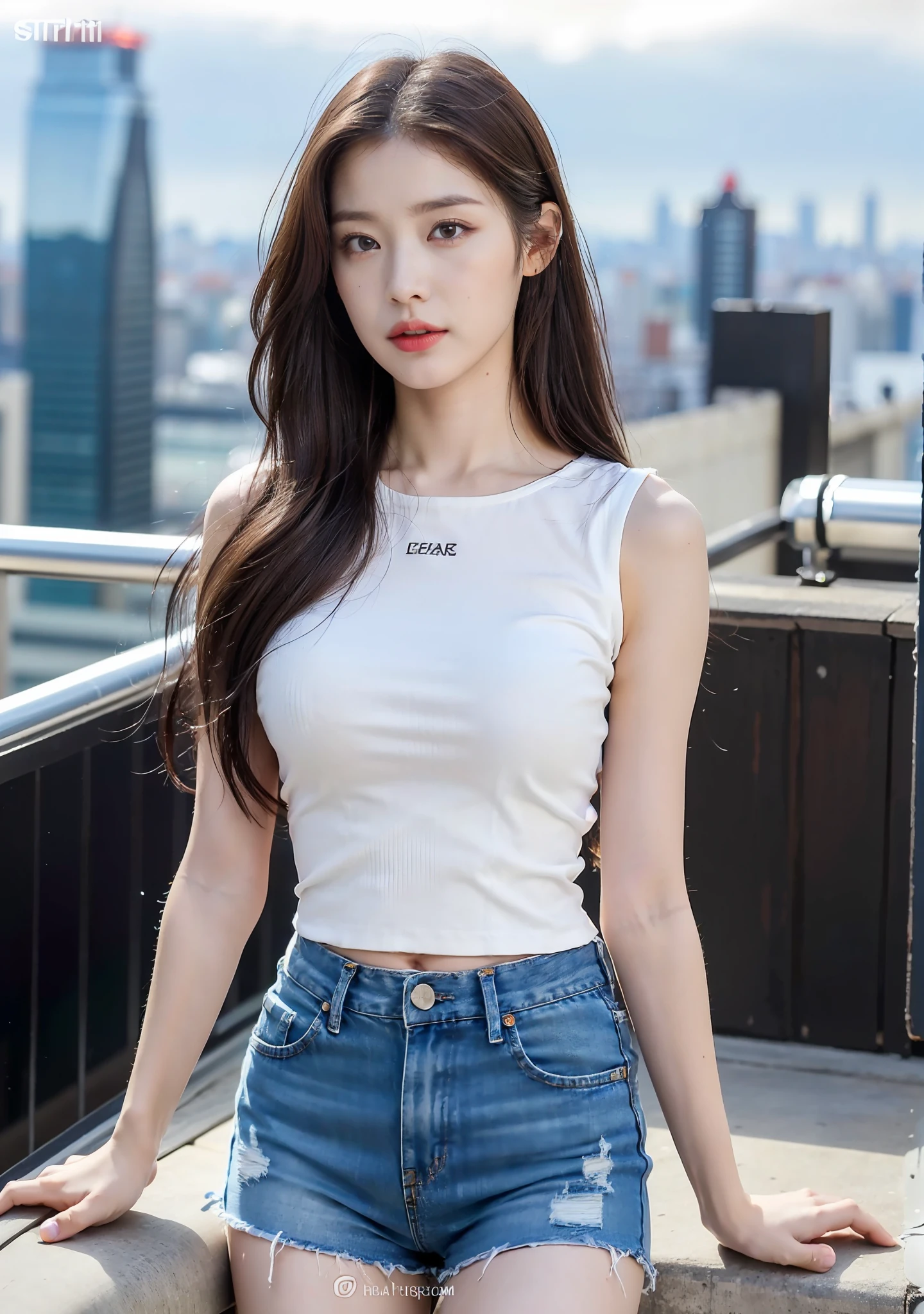 ((Midnight, Best quality, 8k, Masterpiece :1.3)), (realistic, photo-realistic:1.37), (ultra high res:1.2),(RAW photo:1.2), (sharp focus:1.3), (face focus:1.2), full body, (A extremely cute and pretty woman with perfect figure :1.4), (Slender abs :1.1), ((chestnut wavy hair:1.2)), ((Large breasts :1.25)), (White tight sleeveless turtle shirt:1.3), (denim shorts:1.3), Standing, ((Night city view, Rooftop:1.3)), Highly detailed face and skin texture, Detailed eyes, Double eyelid, (pale skin:1.3), bokeh, depth of field, looking straight the viewer,