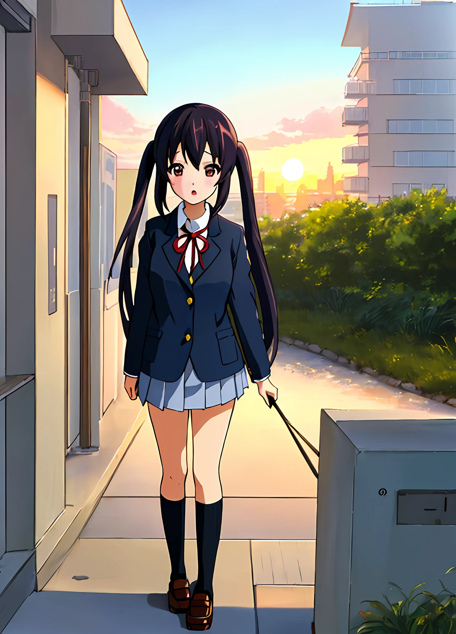1girl, (((masterpiece))), top-quality, top-quality, High Details, nakano azusa, 1girl, Sakuragaoka High School Uniform, student clothes, Twin-tailed, length hair, A dark-haired, brown-eyed, 独奏, reddish, Dark blue blazer with thin red ribbon, Solid white buttoned shirt under blazer, illustratio, comic strip, soothing tones, Subdued Color, Soft cinematic light, adobe lightroom, photolab, HDR, intricately and hyper-detailed、(((depth of fields))))。(((masterpiece)))。(((top-quality))).)((ultra-detailliert)))。(((illustratio)))。(((takeout))).dynamic focus.big breasts.(((Skyscrapers))).(((A city scape))).(((Face of sadness))). open mouth.(((put hands on the hip))).(((up chest))).((evening glow)).((the setting sun)).