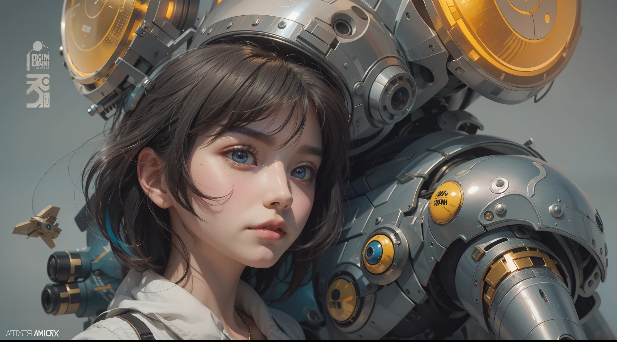 （best qualtiy，ultra - detailed，Best Illustration，Best shadow，masterpiece，A high resolution，professionalartwork，famous artwork），sci-fi，It depicts a young couple wearing colored sclera and a huge alien big cute with robot eyes， by Makoto Shinkai，by Artgerm，by wlop，by Greg Rutkowski，Volumetric lighting，octane render，4K，Trending on ArtStation，masterpiece