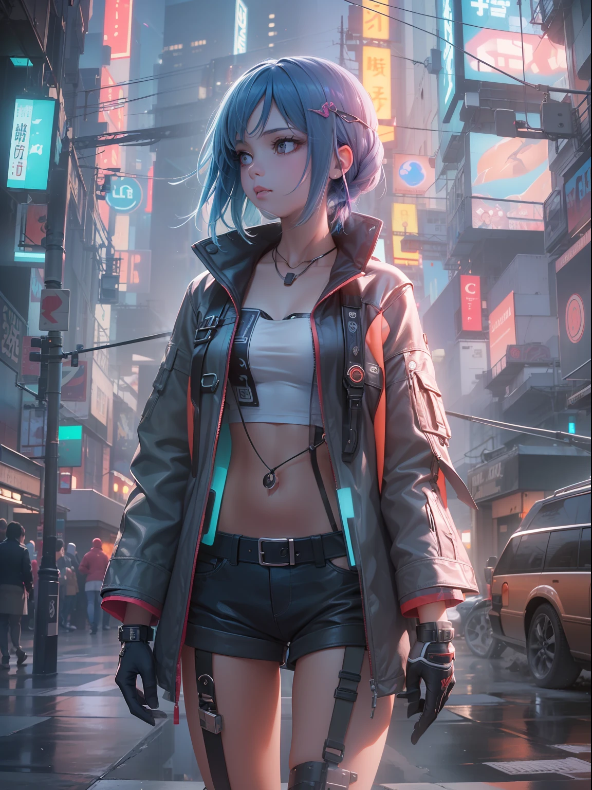 (((masterpiece)))、(((top-quality)))、((ultra-definition))、(High Definition CG Illustration)、((extremely delicate and beautiful))、City of the Future、Cinematic Light、独奏、full body Esbian、cyberpunked、2040s、animesque、dreamy cyberpunk girl、rainbow hair、Christian Dior Style、trending on artstationh、Rachel Walker、
