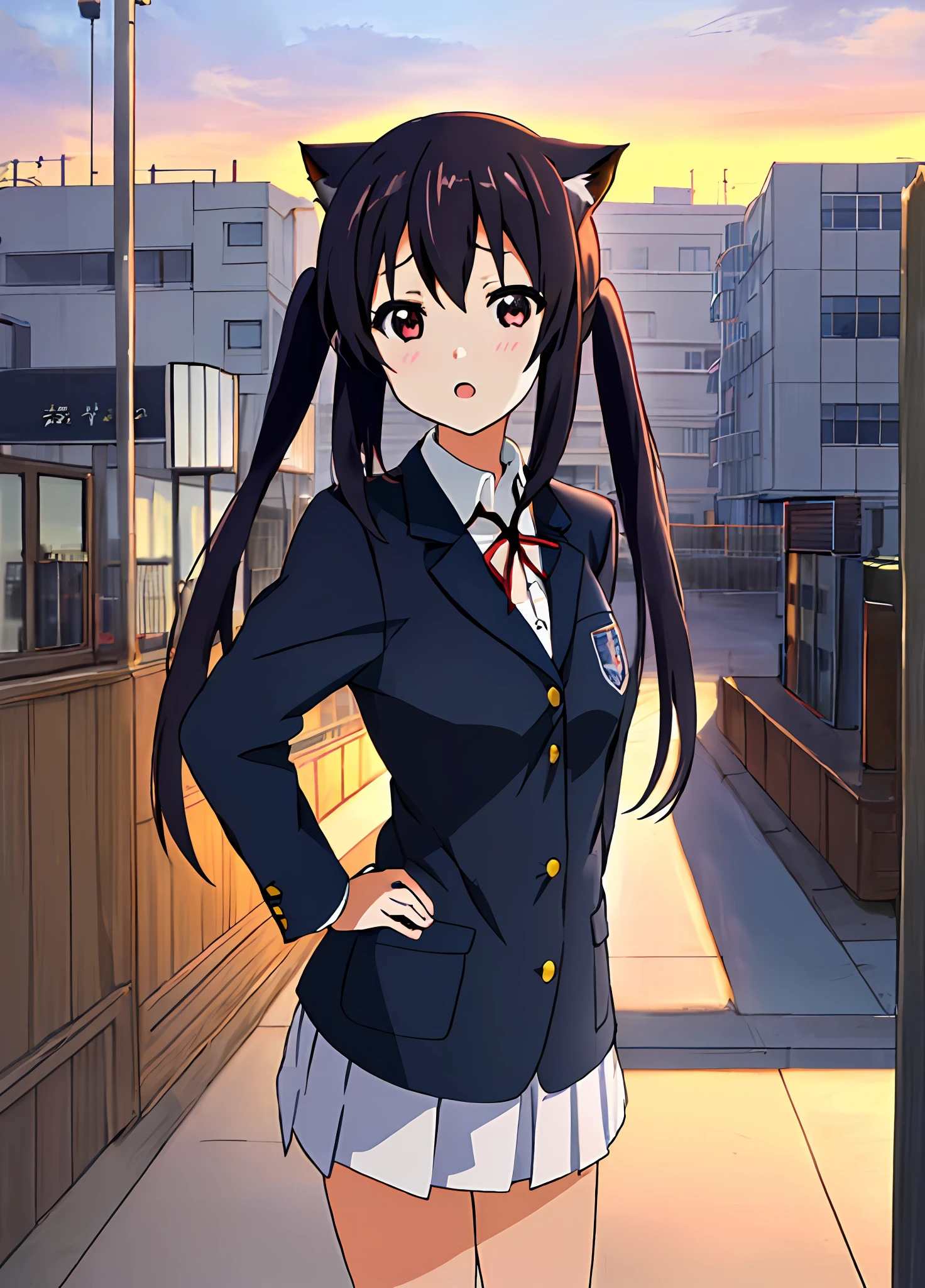 1girl, (((masterpiece))), top-quality, top-quality, High Details, nakano azusa, 1girl, Sakuragaoka High School Uniform, student clothes, Twin-tailed, length hair, A dark-haired, brown-eyed, 独奏, reddish, Dark blue blazer with thin red ribbon, Solid white buttoned shirt under blazer, illustratio, comic strip, soothing tones, Subdued Color, Soft cinematic light, adobe lightroom, photolab, HDR, intricately and hyper-detailed、(((depth of fields))))。(((masterpiece)))。(((top-quality))).)((ultra-detailliert)))。(((illustratio)))。(((takeout))).dynamic focus.big breasts.(((Skyscrapers))).(((A city scape))).(((Face of sadness))). open mouth.(((put hands on the hip))).(((up chest))).((evening glow)).((the setting sun)).