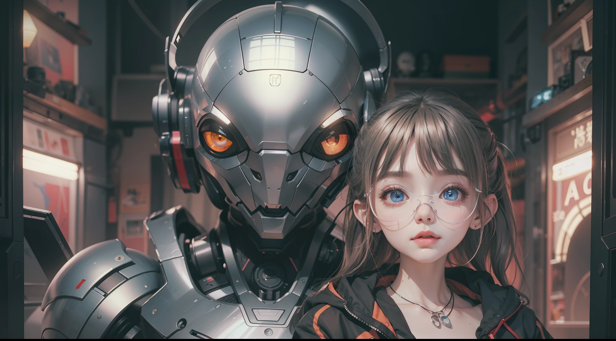 (best qualtiy,ultra - detailed,Best Illustration,Best shadow,masterpiece,A high resolution,professionalartwork,famous artwork),sci-fi,It depicts a young couple wearing colored sclera and a huge alien big cute with robot eyes, by Makoto Shinkai,by Artgerm,by wlop,by Greg Rutkowski,Volumetric lighting,octane render,4K,Trending on ArtStation,masterpiece