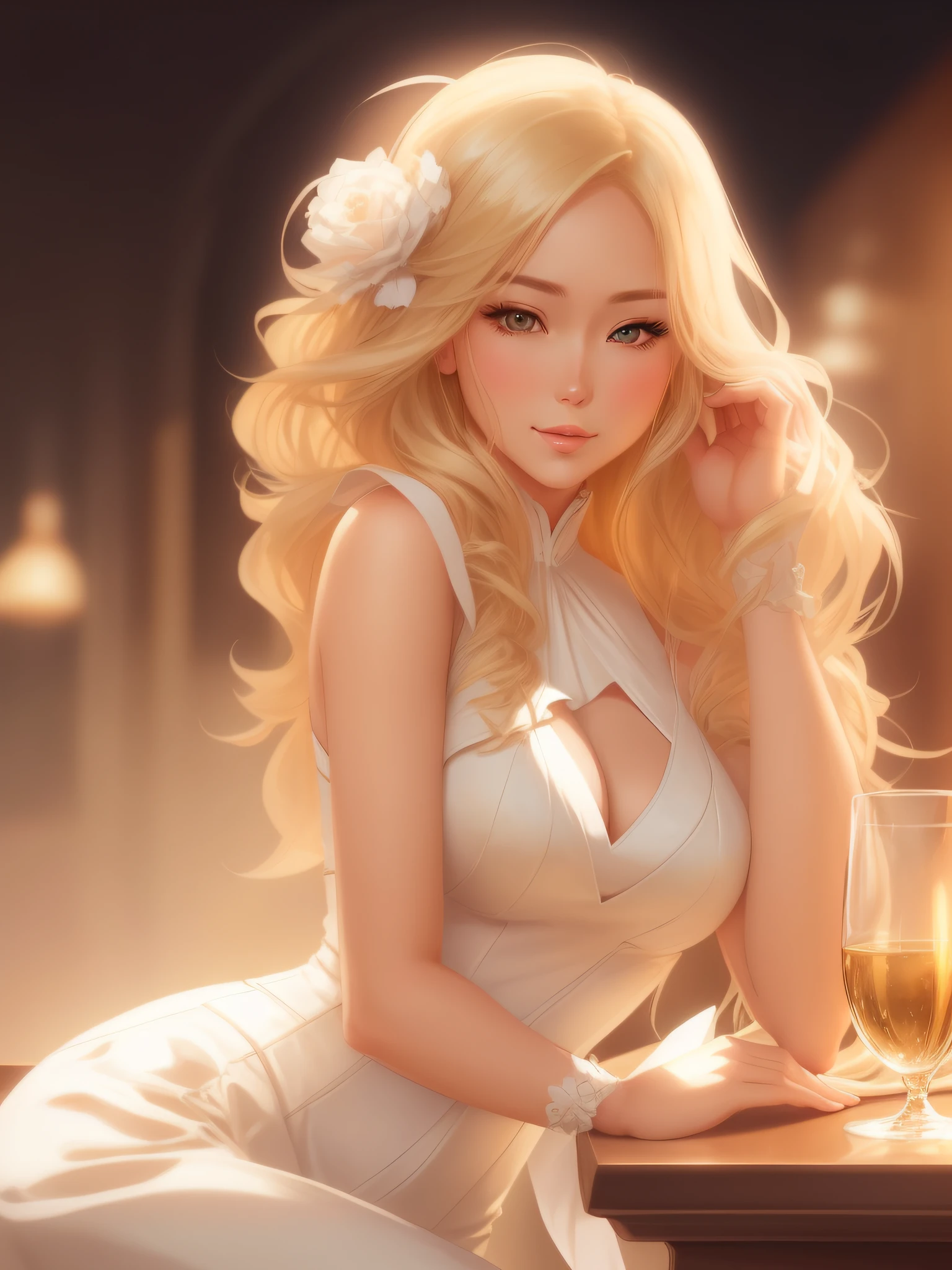 Blonde woman in white dress sitting at the table,With a glass of wine, Look at the camera,Style Artgerm, Artgerm style, Extremely detailed Artgerm, art-style, Blonde anime girl with long hair, in the style artgerm, seductive anime girls, beautiful and seductive anime woman, artgerm and rossdraws, Beautiful anime woman