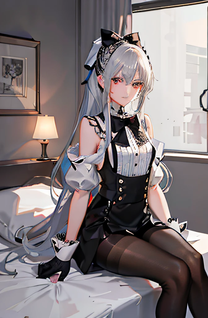 (((1 girl)),ray tracing,(dim lighting),[detailed background (bedroom)),((silver hair)),((silver hair)),(Fluffy silver hair, plump slender girl)) with high ponytail)))) Avoid blonde eyes in the ominous bedroom ((((Girl wears intricately embroidered black high-waisted pants with pantyhose) and white ruffled bow gloves), showing a delicate slim figure and graceful curves, correct limbs, sitting on the bed