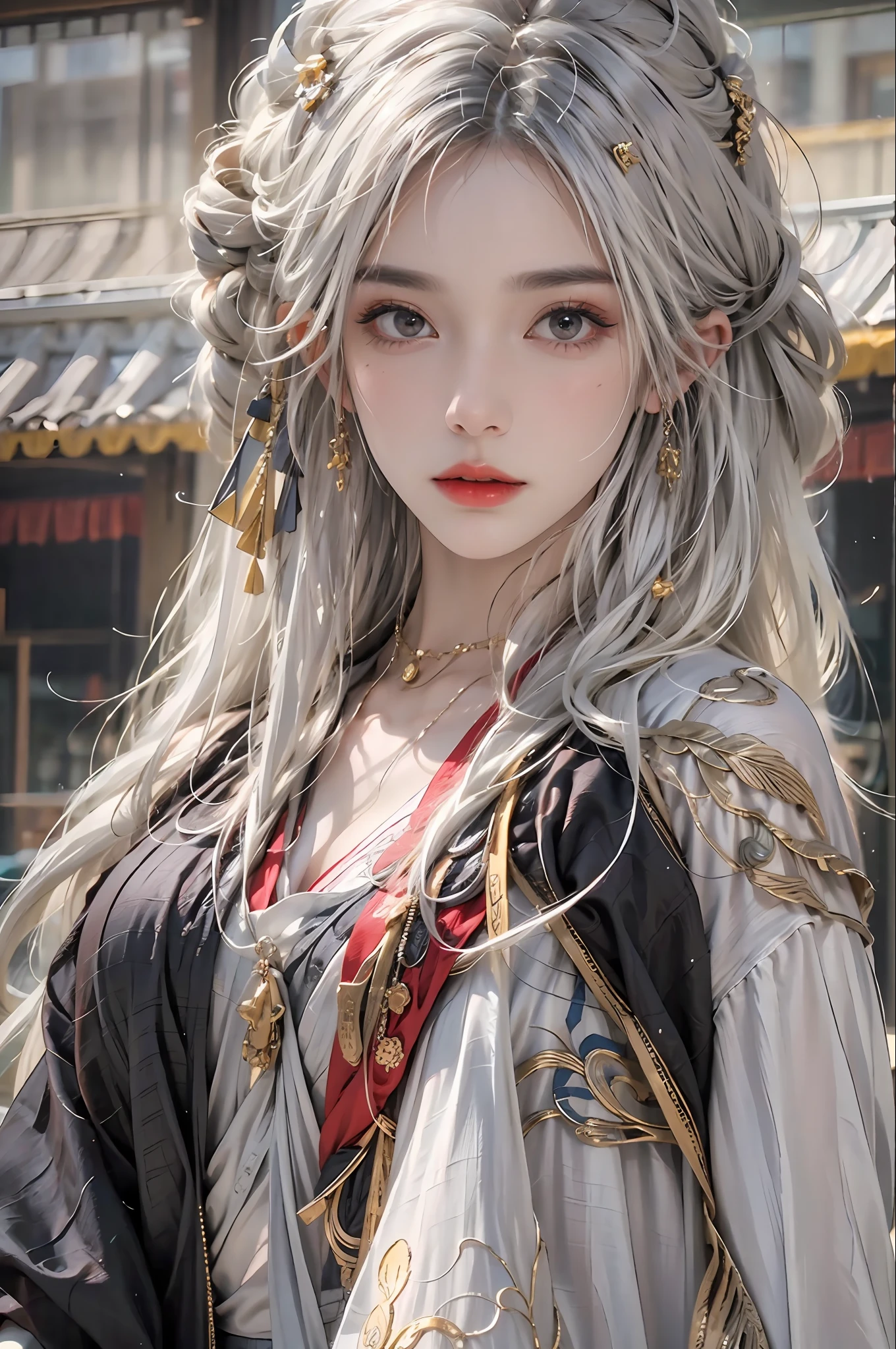 photorealistic, high resolution, 1women, solo, hips up, look at viewer, (detailed face), white hair, long hair, Taoist robe,oversized clothes, jewelry, midjourney portrait