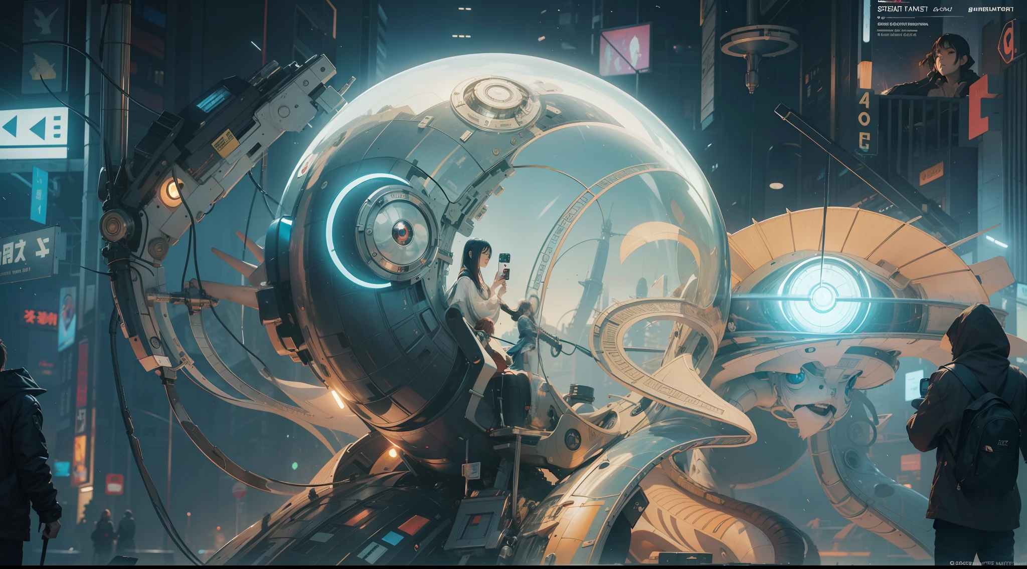 (best qualtiy,ultra - detailed,Best Illustration,Best shadow,masterpiece,A high resolution,professionalartwork,famous artwork),sci-fi,It depicts a young couple wearing colored sclera and a huge alien big cute with robot eyes, by Makoto Shinkai,by Artgerm,by wlop,by Greg Rutkowski,Volumetric lighting,octane render,4K,Trending on ArtStation,masterpiece